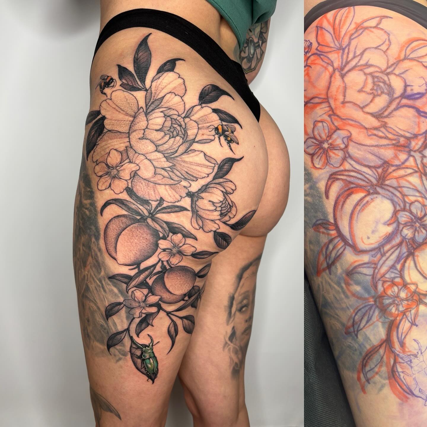 Peonies and fruit black and grey tattoo on the thigh by Samantha Compasso Ford