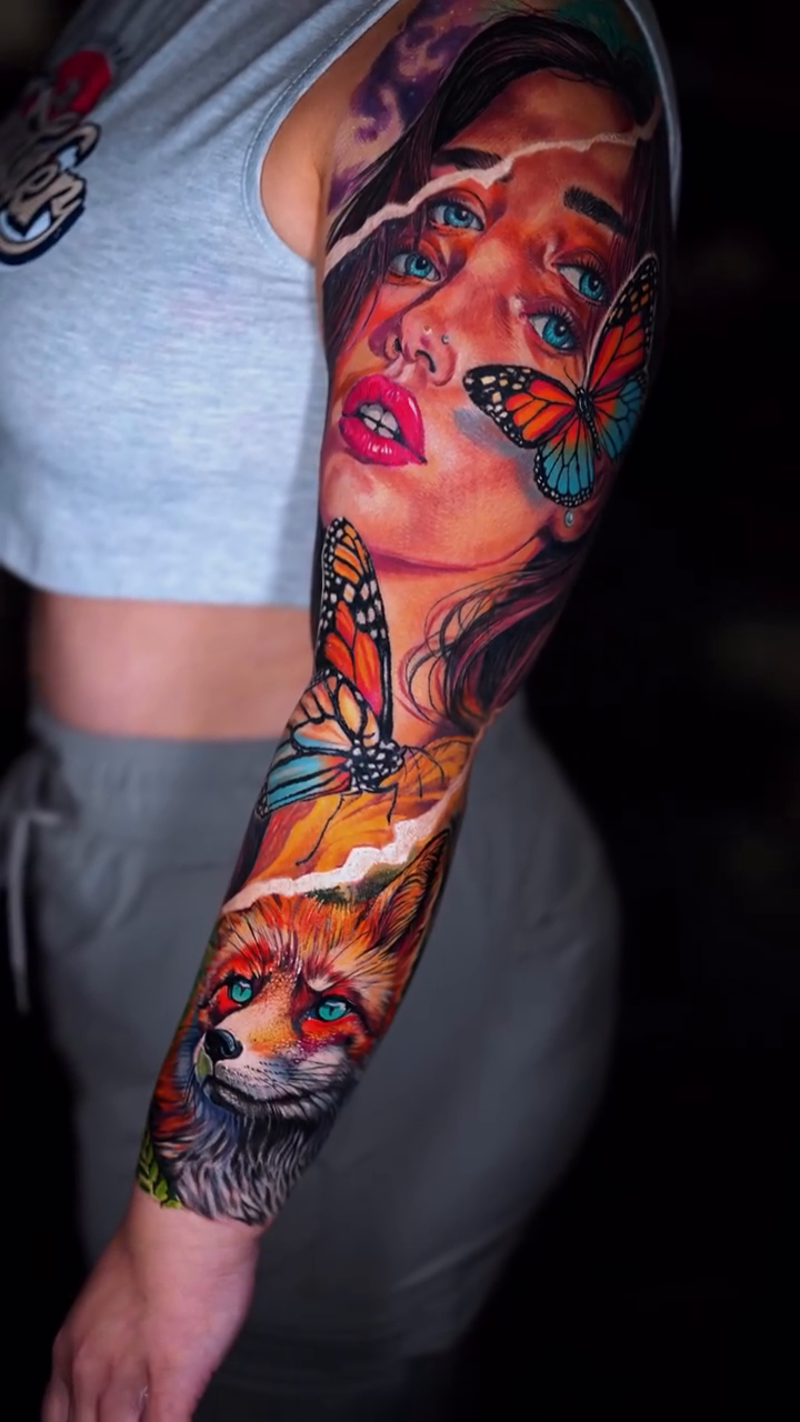 Fox and woman portrait realism tattoo by Yasmani ramirez