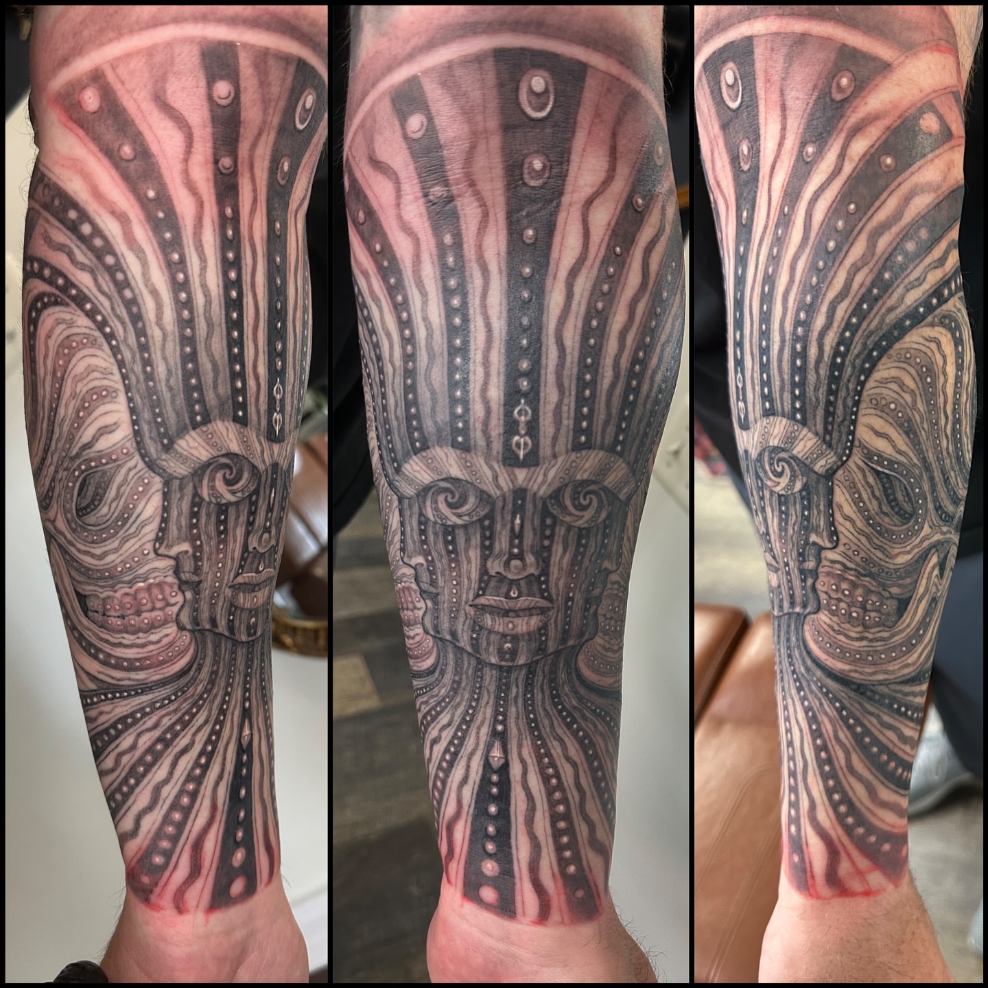 Abstract face dotwork tattoo on the forearm by John Tarrao, Berwyn, Pennsylvania