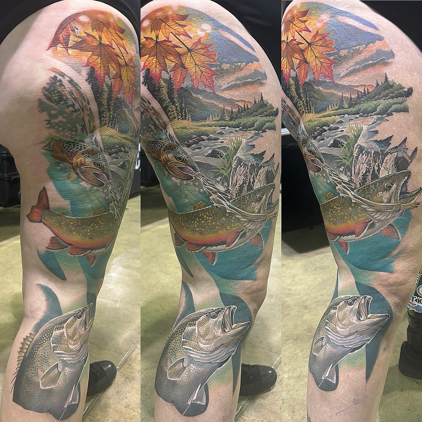 Fish and autumn landscape realism tattoo on the thigh by Adam Zgorliski_STStattoo
