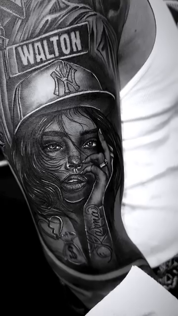 Woman and baseball cap realism tattoo by Licensed Tattoo Artist πΈπ»