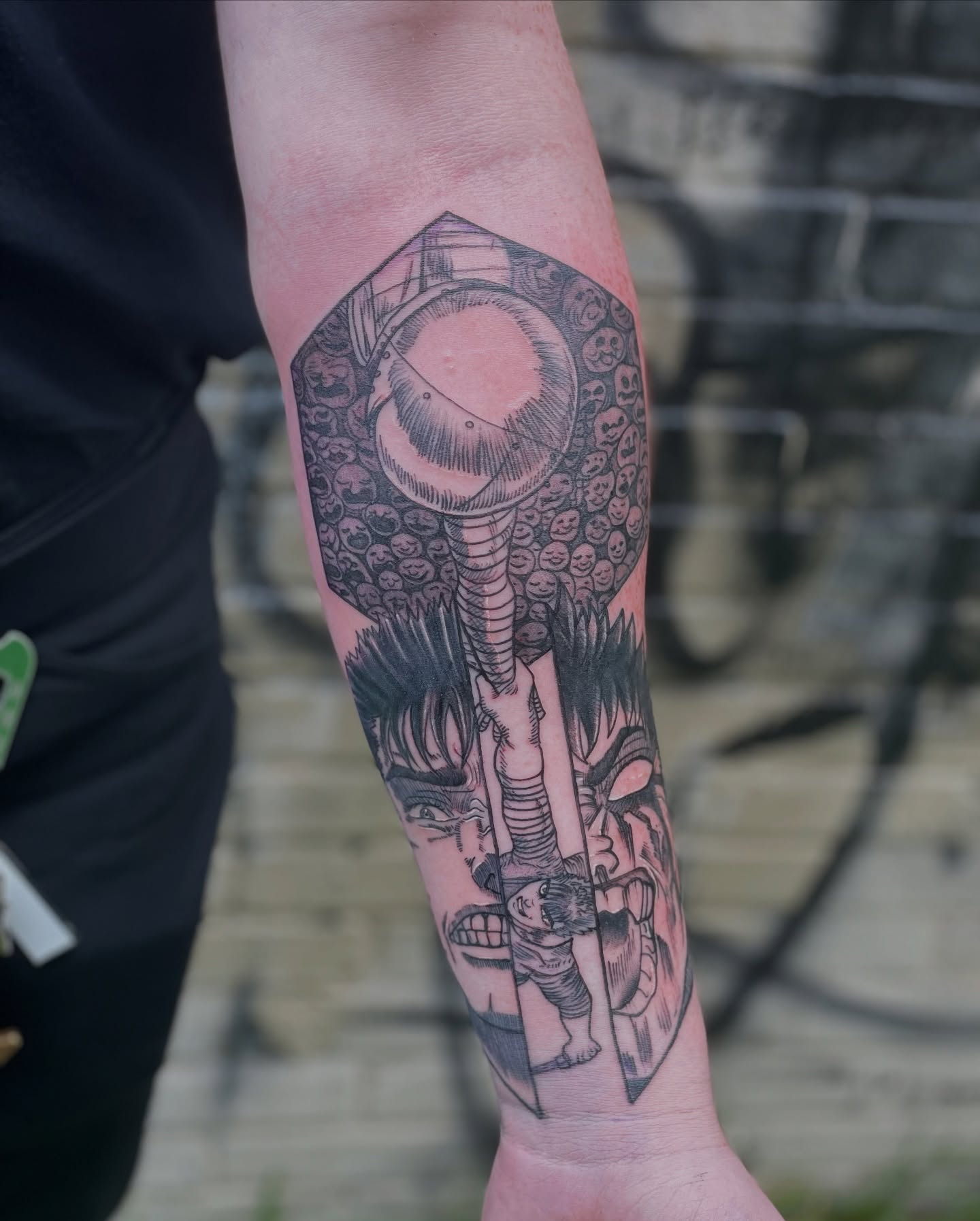 Astronaut helmet black and grey tattoo on the forearm by ⓒⓨⓡⓤⓢ