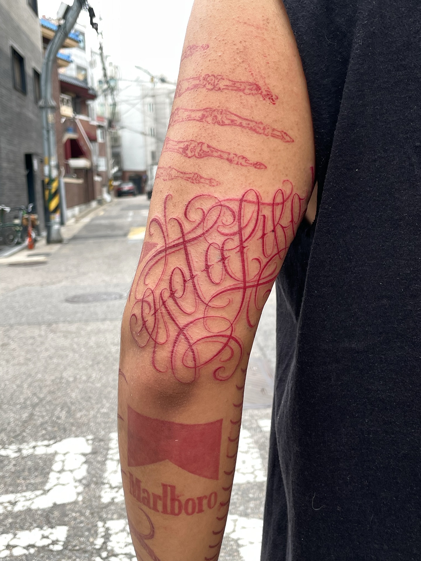 Script lettering lettering script tattoo on the forearm by Joon 치카노레터링