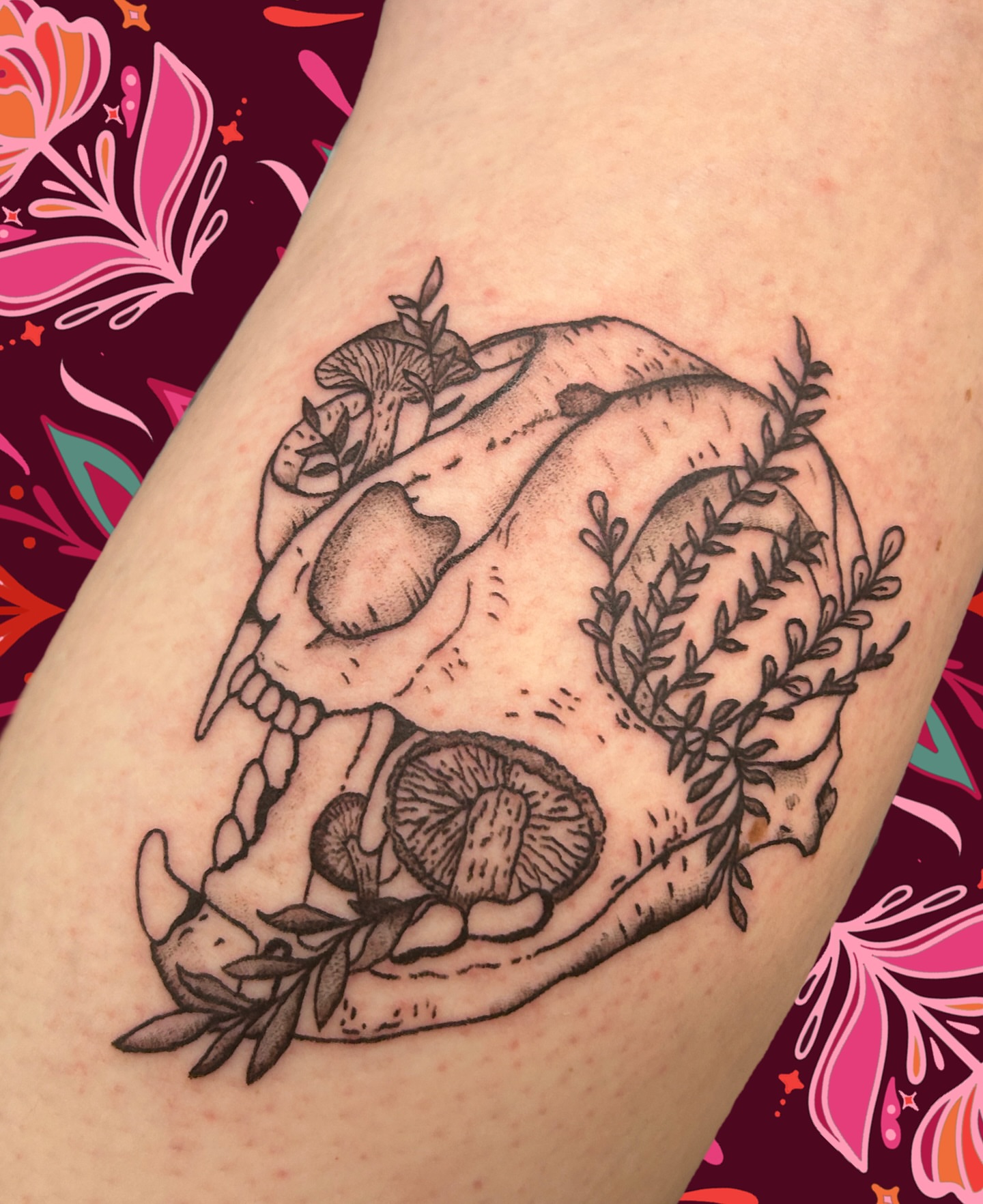 Skull with mushrooms and leaves realism tattoo on the forearm by ❆ minneapolis tattoo artist ❆