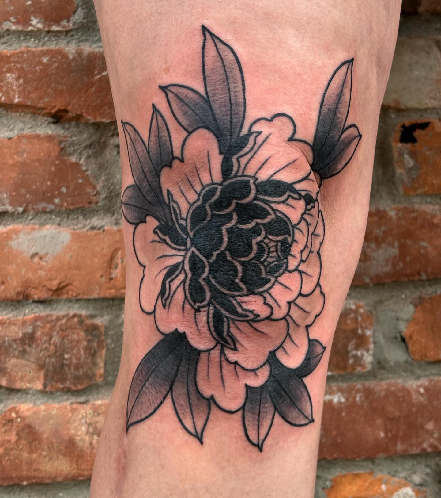 Peony black and grey tattoo on the forearm by Brandi ⛓, Detroit, Michigan