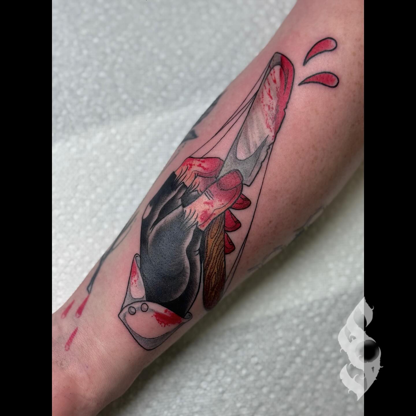Bat American traditional tattoo on the forearm by Amanda Stampfly