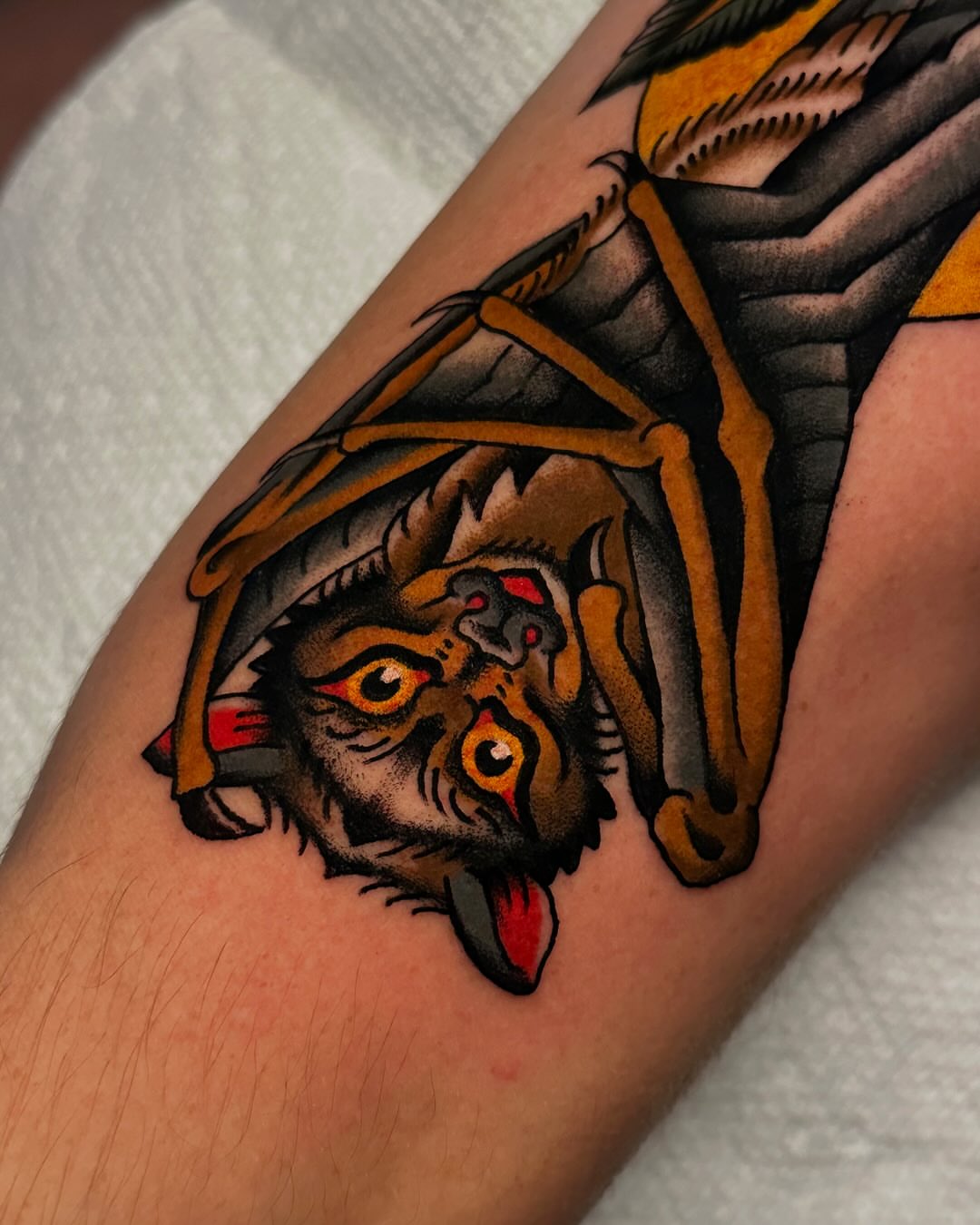 Bat American traditional tattoo on the forearm by Tony Perez- Austin Texas Tattooer