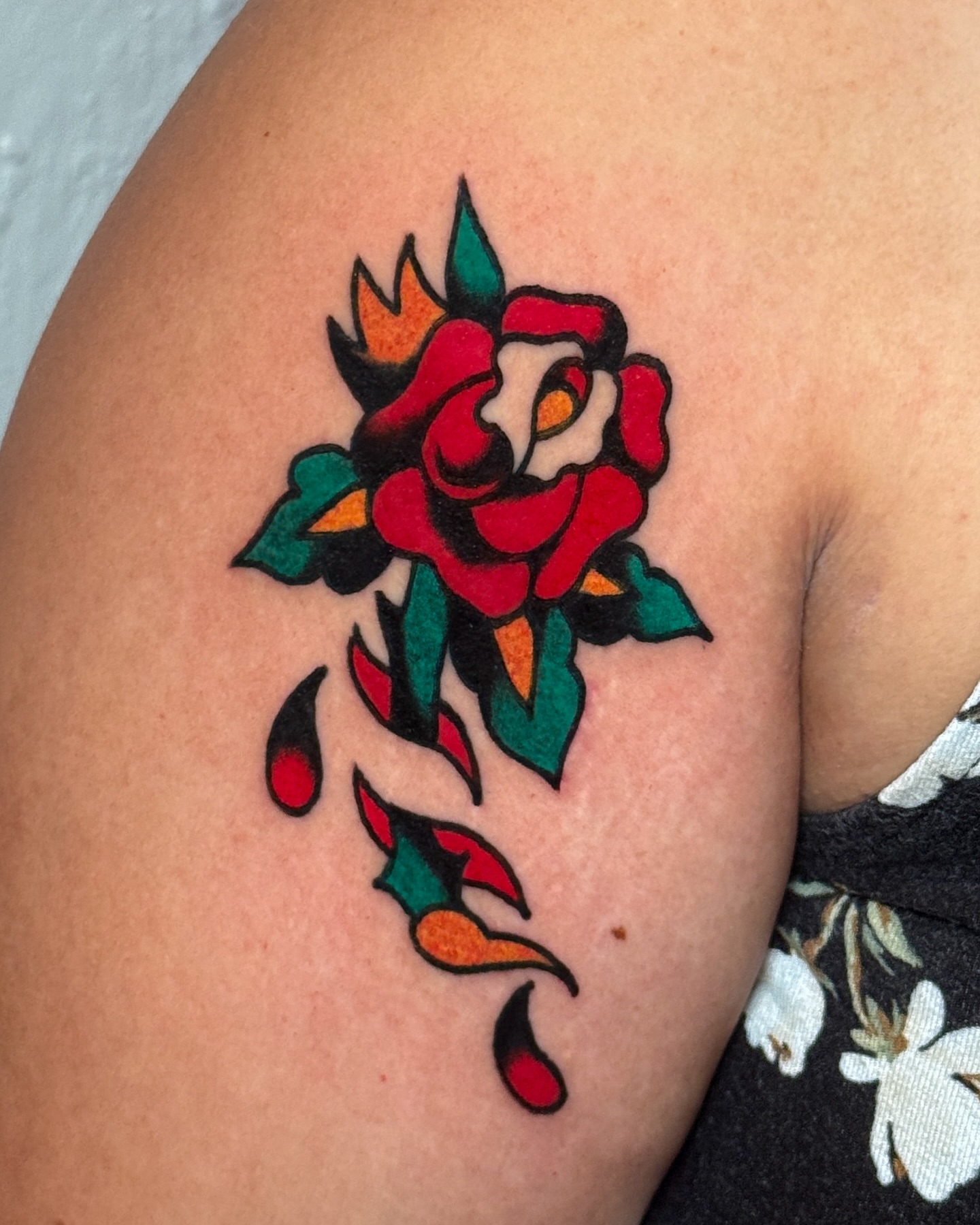 Rose American traditional tattoo on the shoulder by οΌππ¨ππ¨οΌ, New York, New York