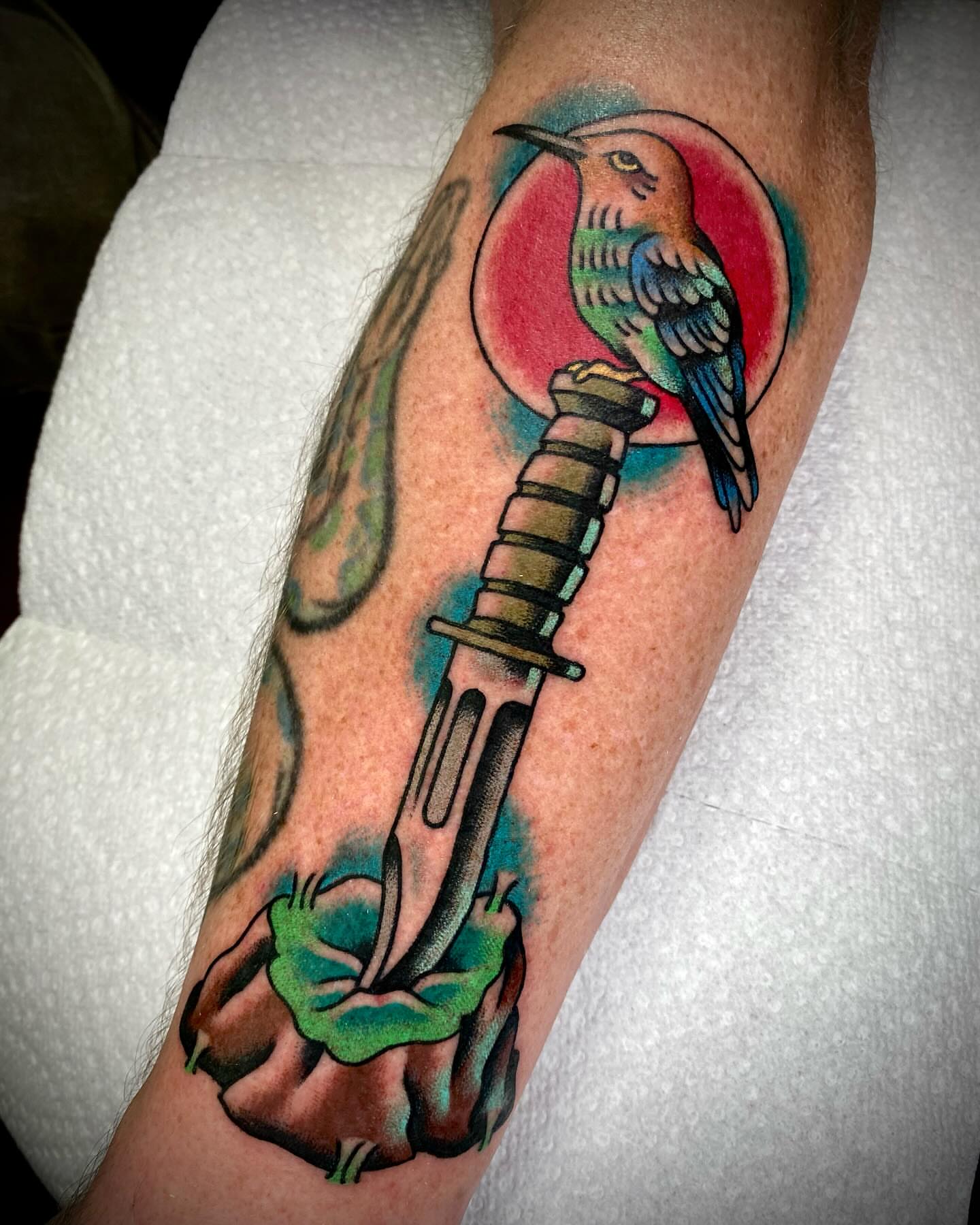 Bird and dagger American traditional tattoo on the forearm by Zach Knisley (Wiz)