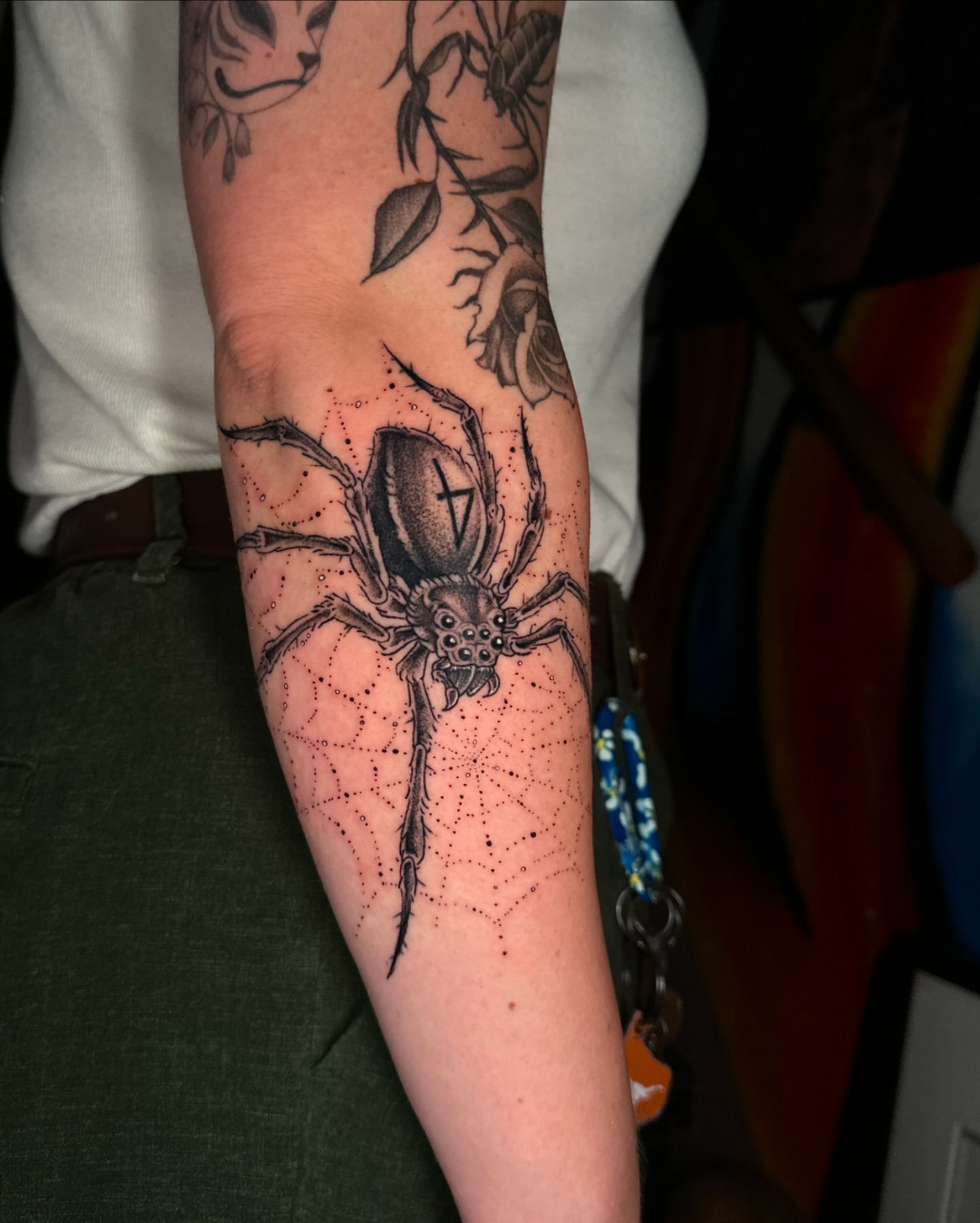 Spider dotwork tattoo on the forearm by Savy Rasor, Austin, Texas