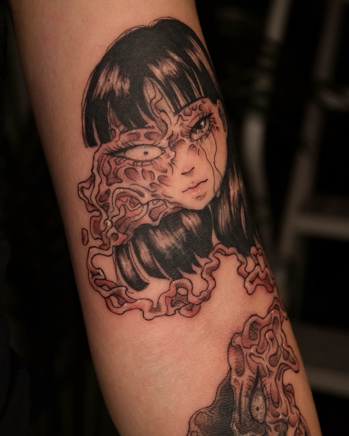 Woman with distorted face dark realism tattoo on the forearm by misa (mi isabelle) β€οΈβπ₯π