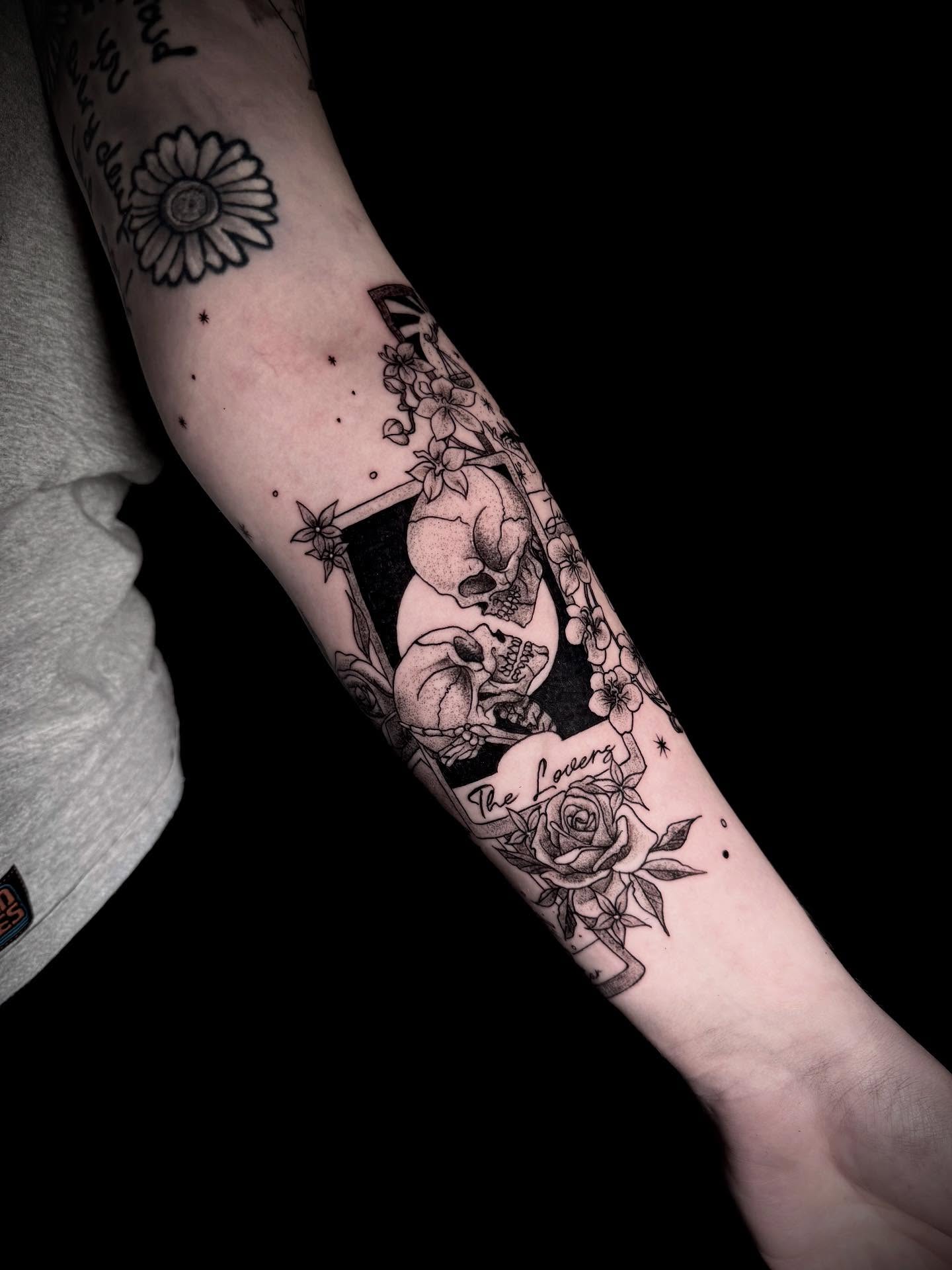 Skulls and roses dotwork tattoo on the forearm by Fire-Breathing Bitch Queen