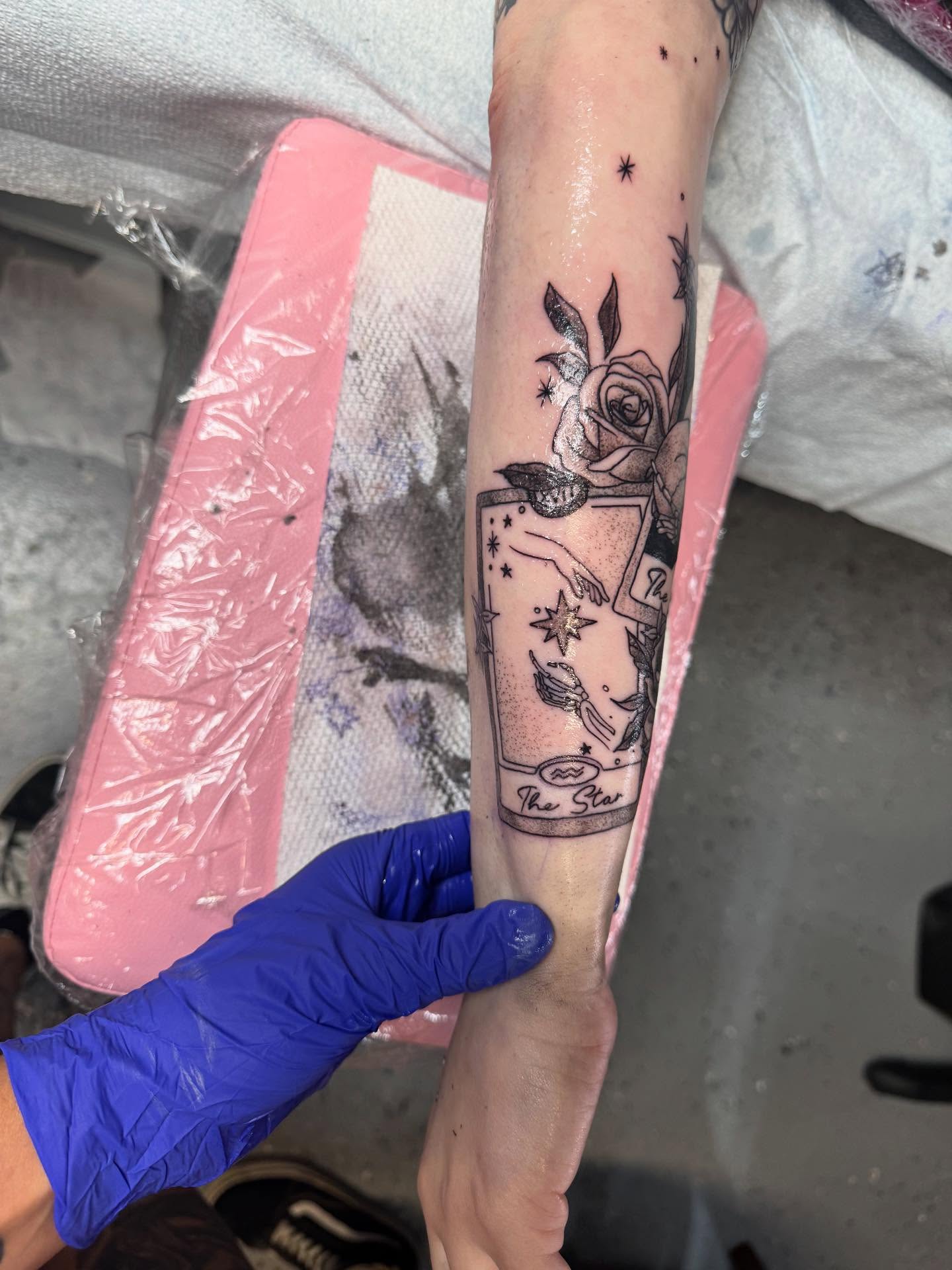 Tarot card black and grey tattoo on the forearm by Fire-Breathing Bitch Queen