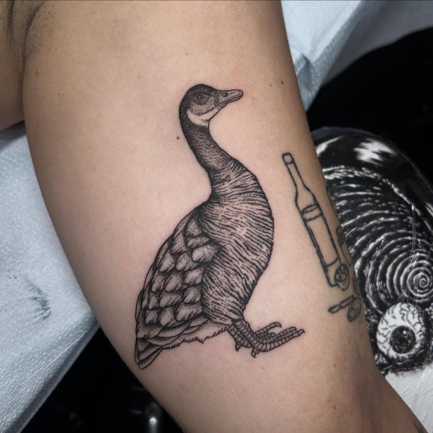 Goose dotwork tattoo on the forearm by Nikki Power