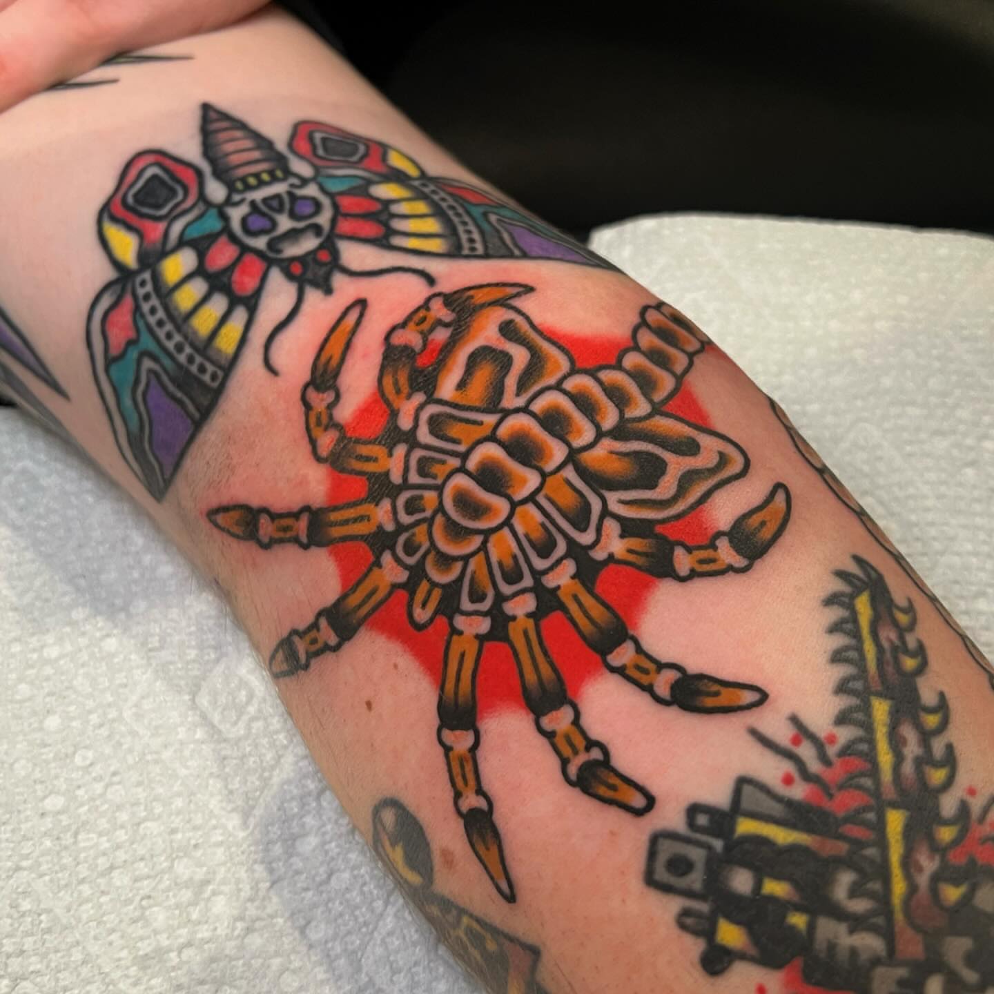 Scorpion American traditional tattoo on the forearm by Benjamin Ward