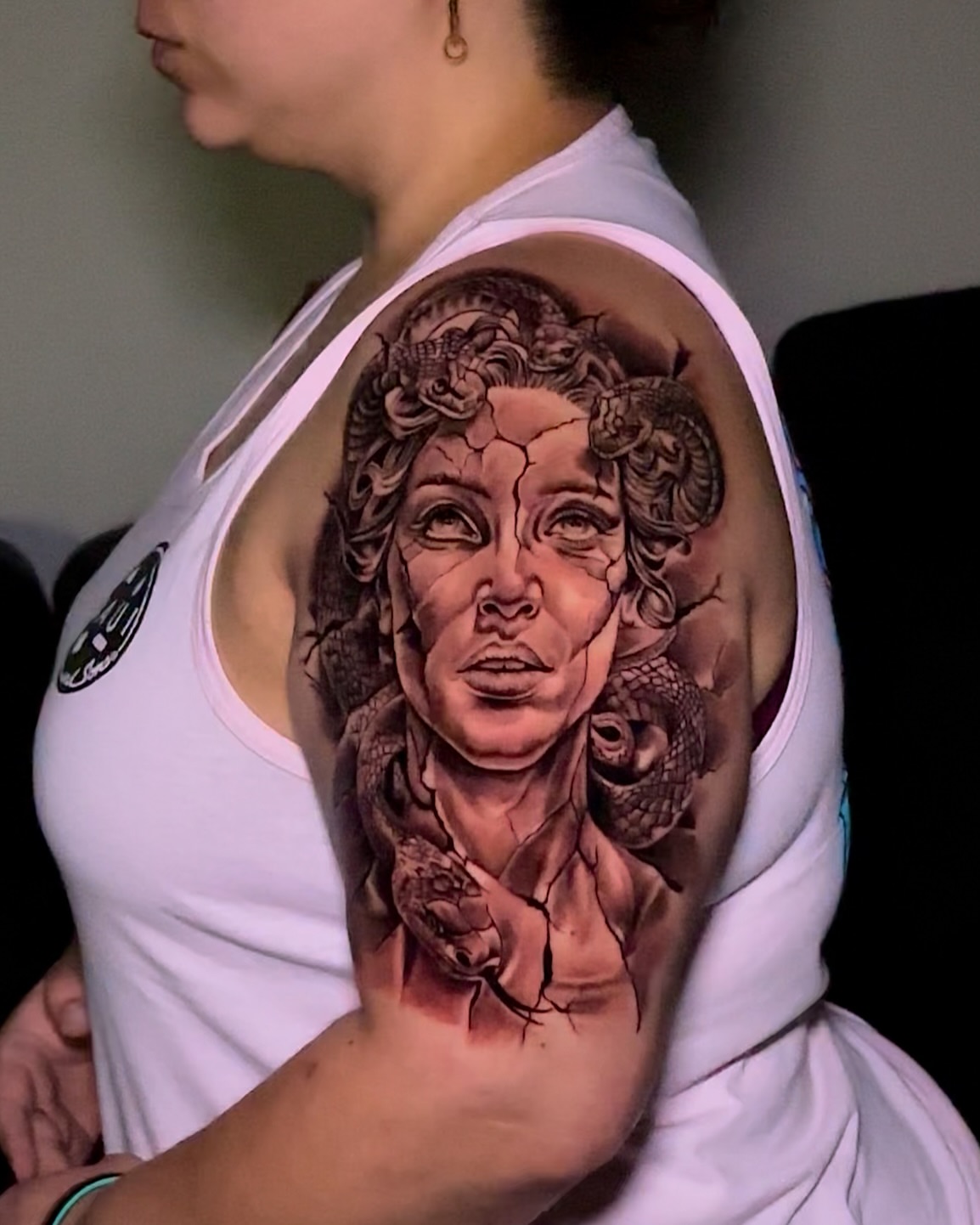 Medusa realism tattoo on the shoulder by Erick @ AZTEC_TATT