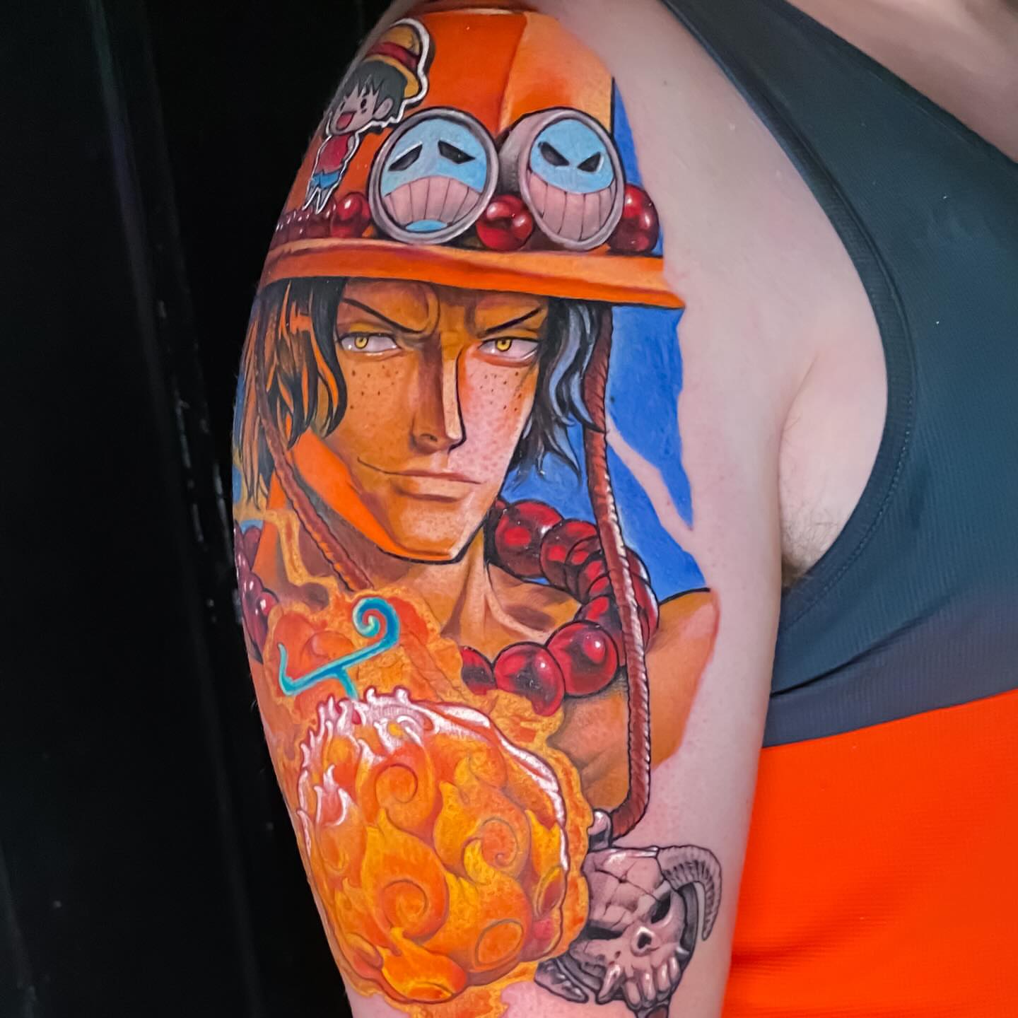 Pirate character realism tattoo on the shoulder by Picasso Dular, Lake Forest, California