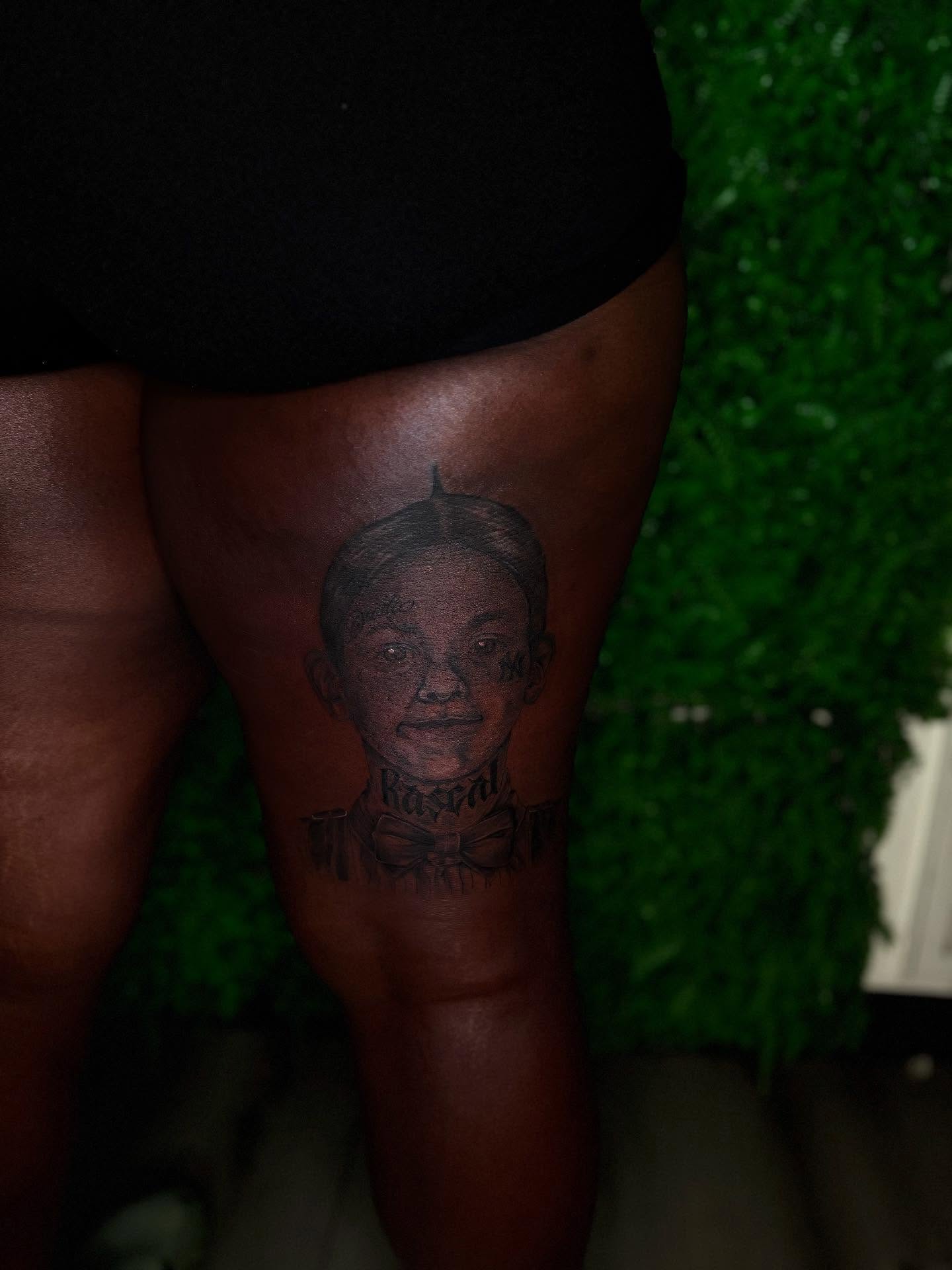 Portrait realism tattoo on the thigh by Los Angeles Tattoo Artist