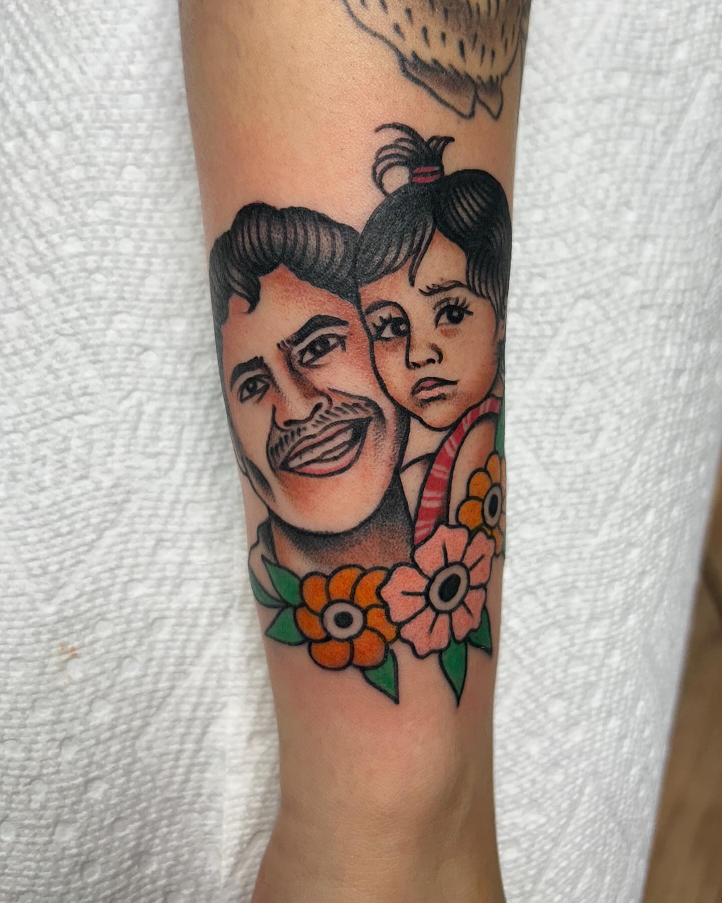 Father and daughter American traditional tattoo on the forearm by Tiffany Vargas