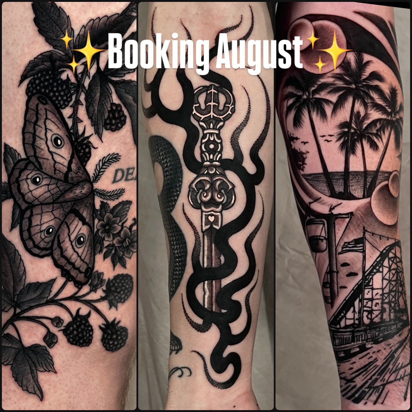 Butterfly and berries black and grey tattoo on the forearm by Austin Clark