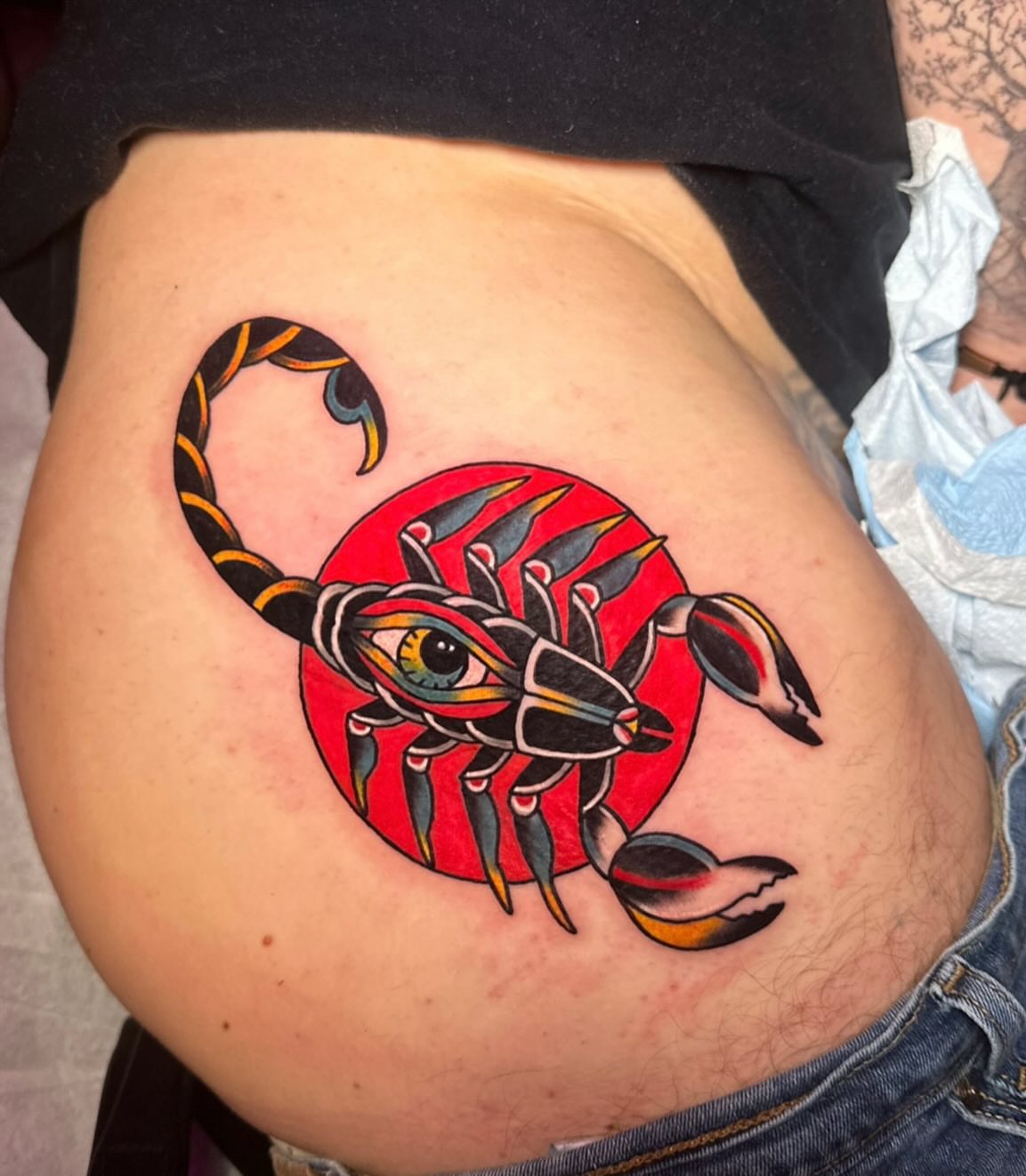 Scorpion American traditional tattoo on the ribs by Diana Kunz