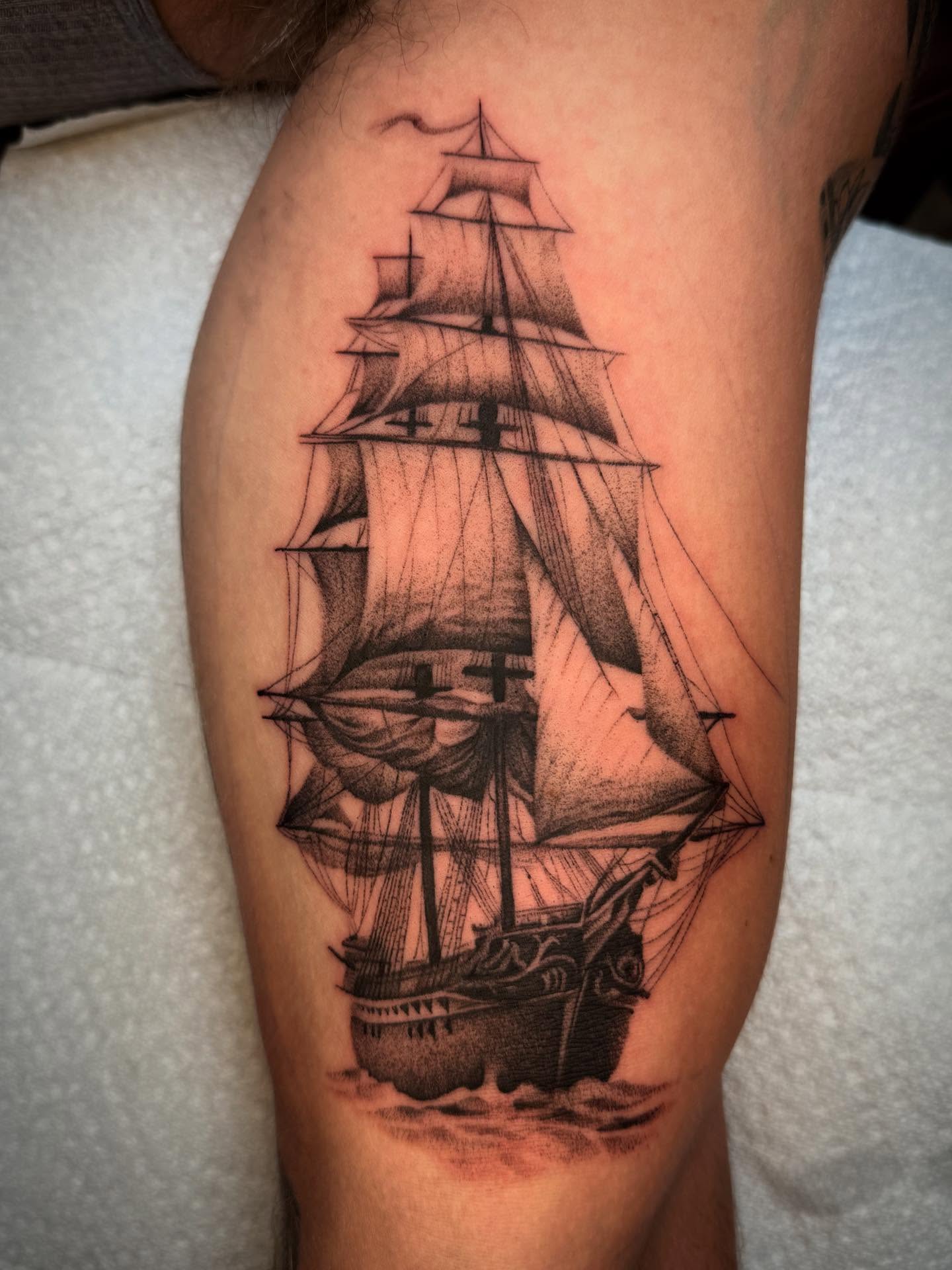 Sailboat black and grey tattoo on the forearm by Jacob Deirfield, Circleville, Ohio