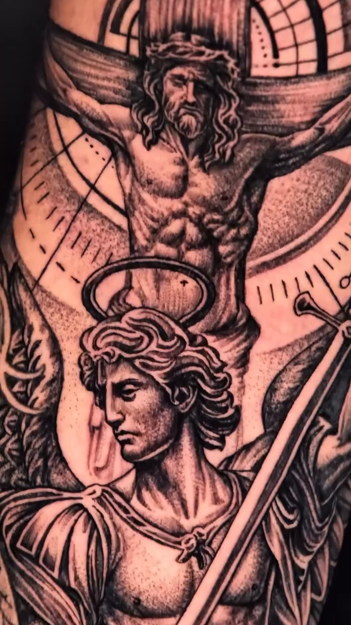 Religious figures and skull realism tattoo by Jack Alvarado.