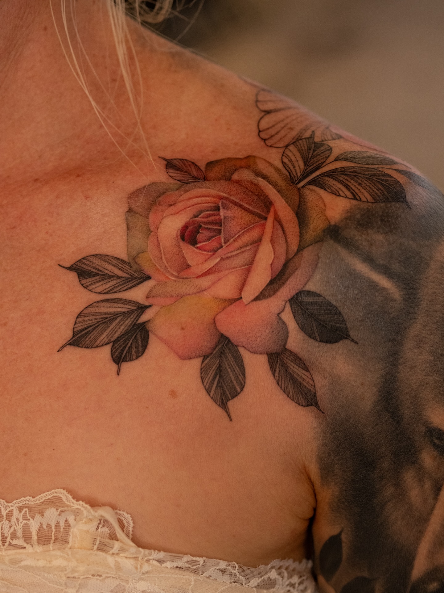 Rose realism tattoo on the shoulder by Flower Tattoo Sf