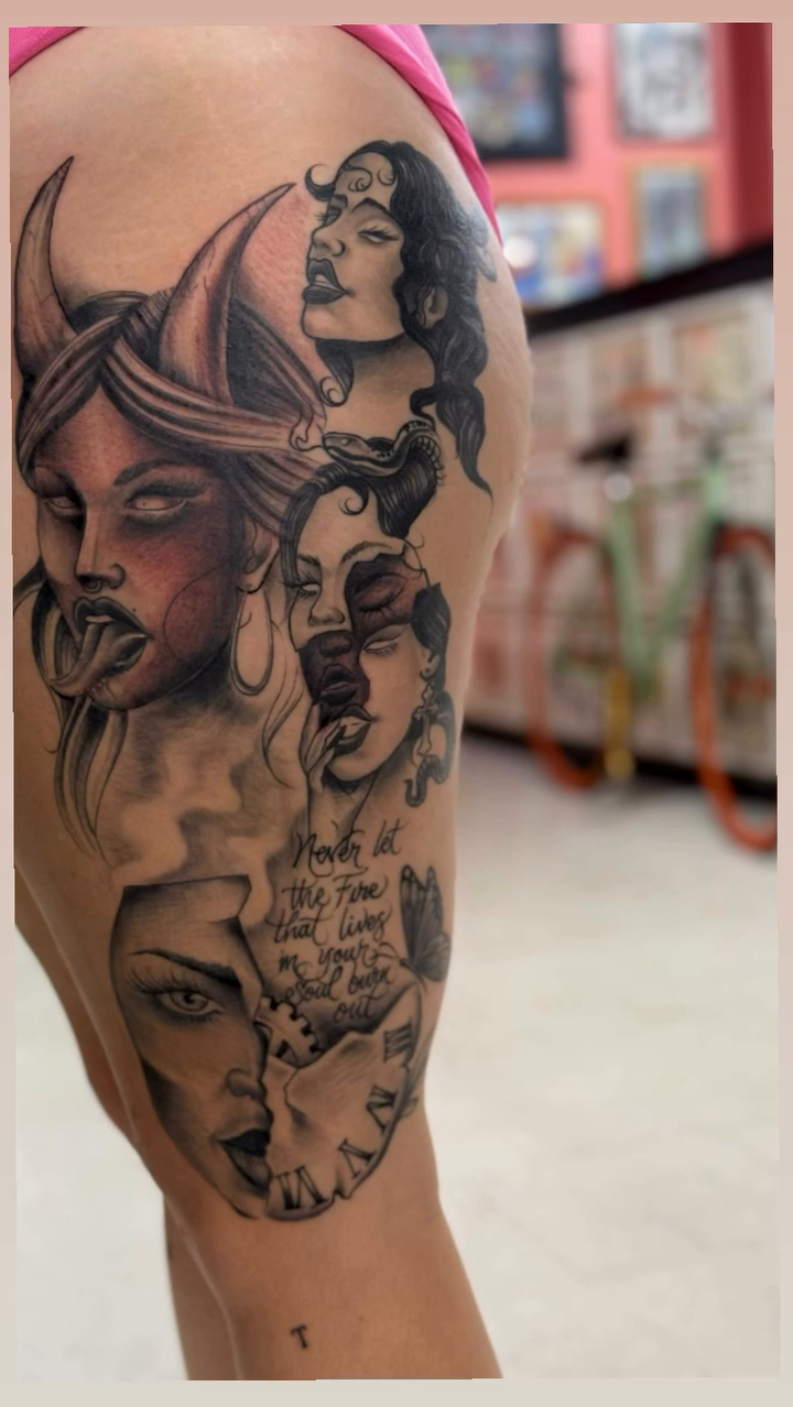 Demonic faces and female portraits dark realism tattoo by Artist Clayco rikky