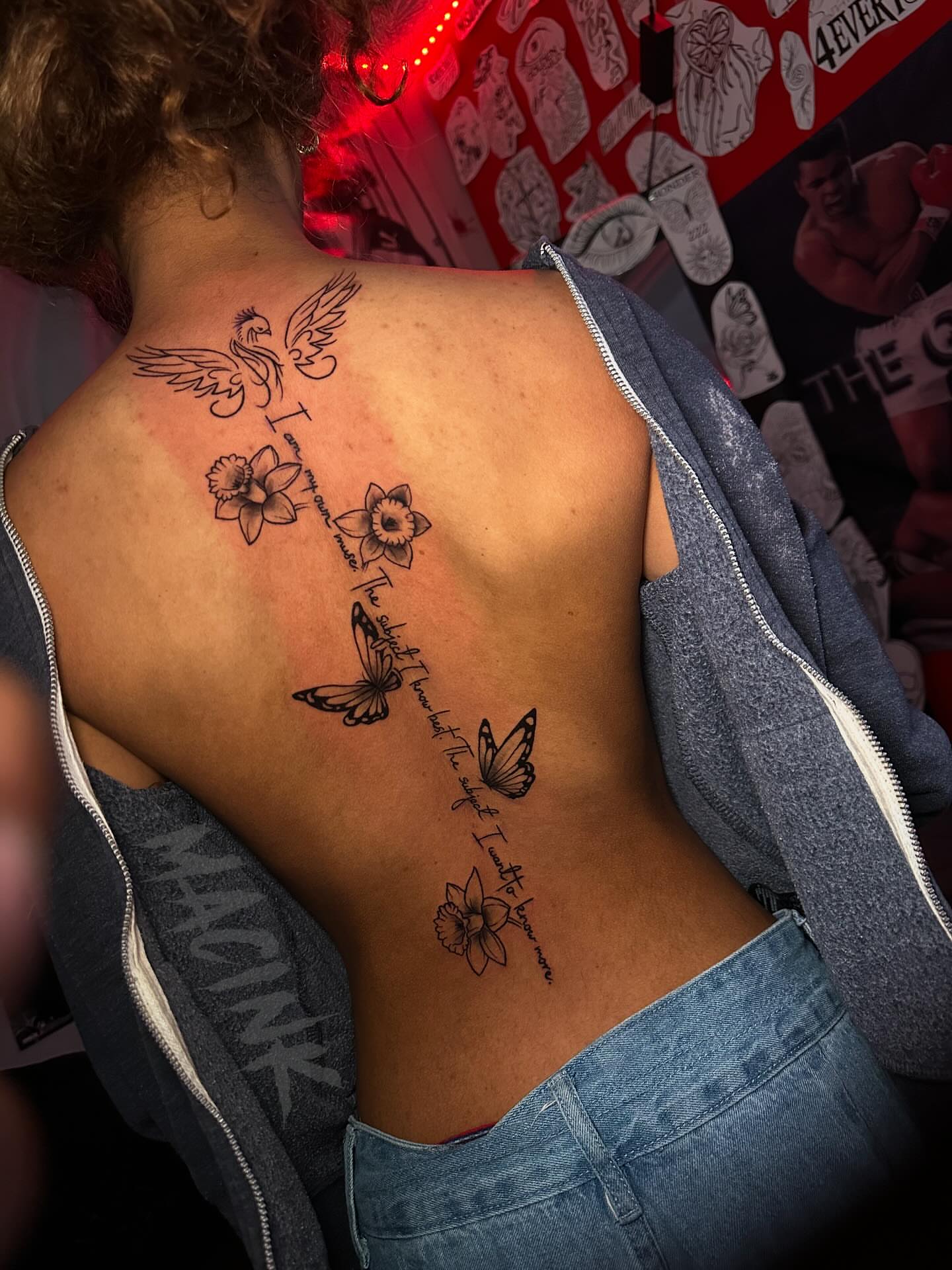 Flowers and butterflies black and grey tattoo on the back by ATL Tattoo Artist💲