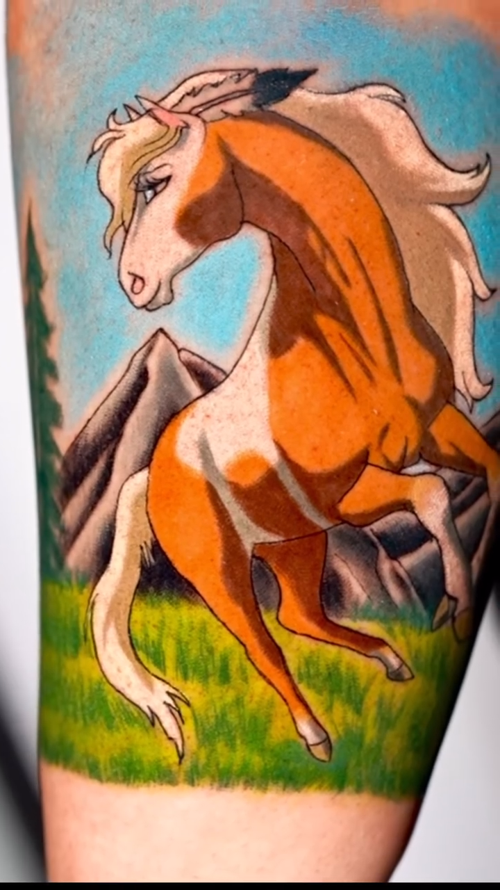 Horse in a landscape new school tattoo by Dharma.tattoo
