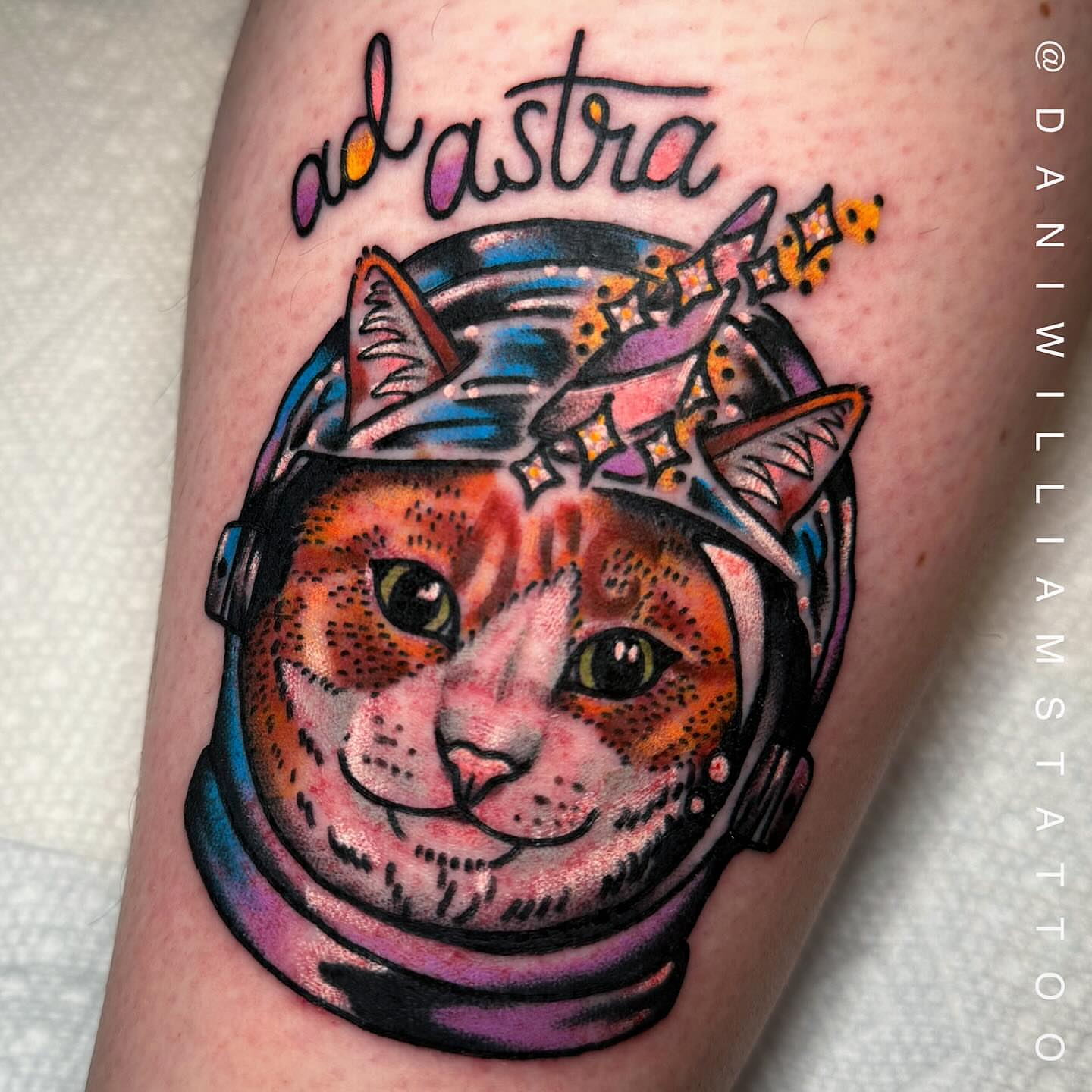 Cat astronaut American traditional tattoo on the forearm by Dani Johnson