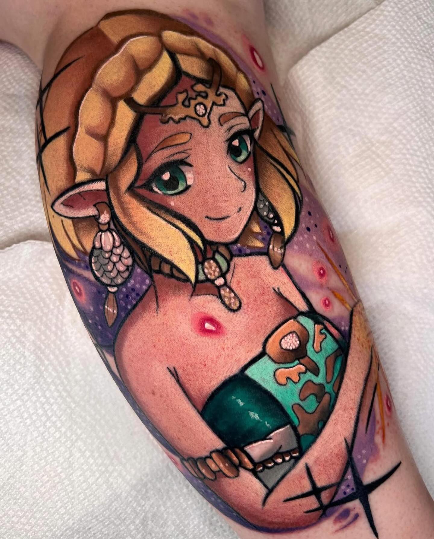 Mermaid new school tattoo on the forearm by Caitlyn