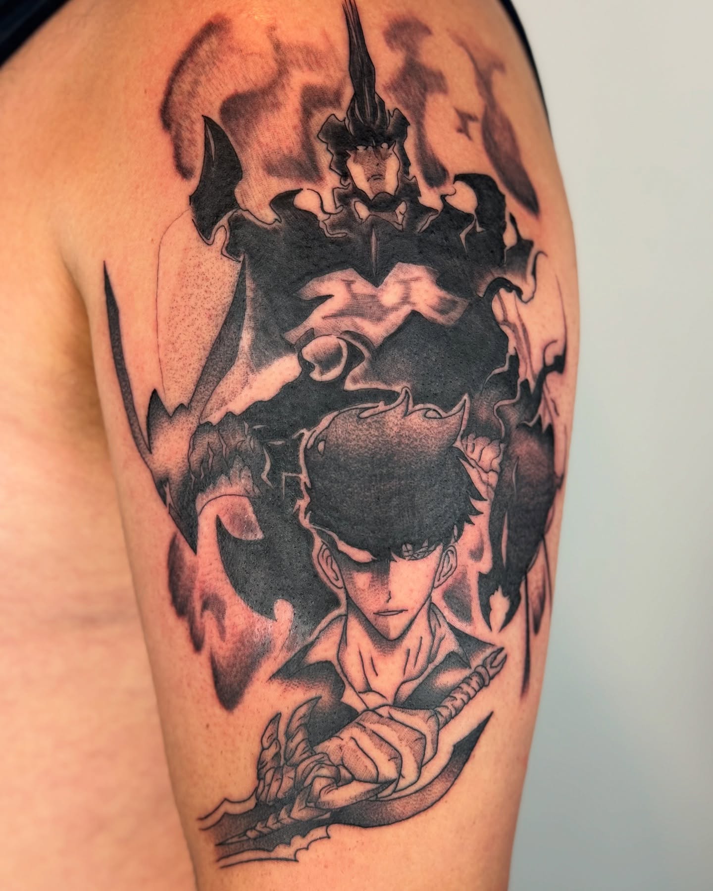 Jojo's bizarre adventure anime tattoo on the upper arm by Mish