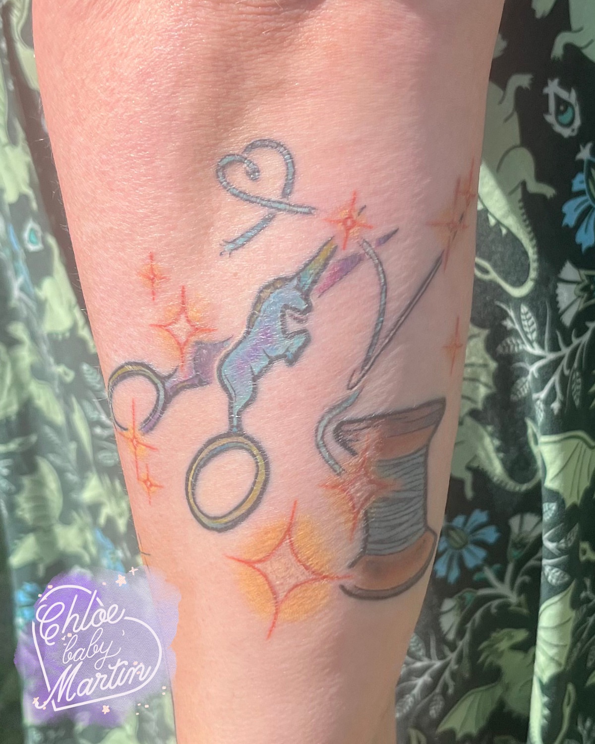 Unicorn and scissors new school tattoo on the forearm by Chloe ‘baby’ Martin