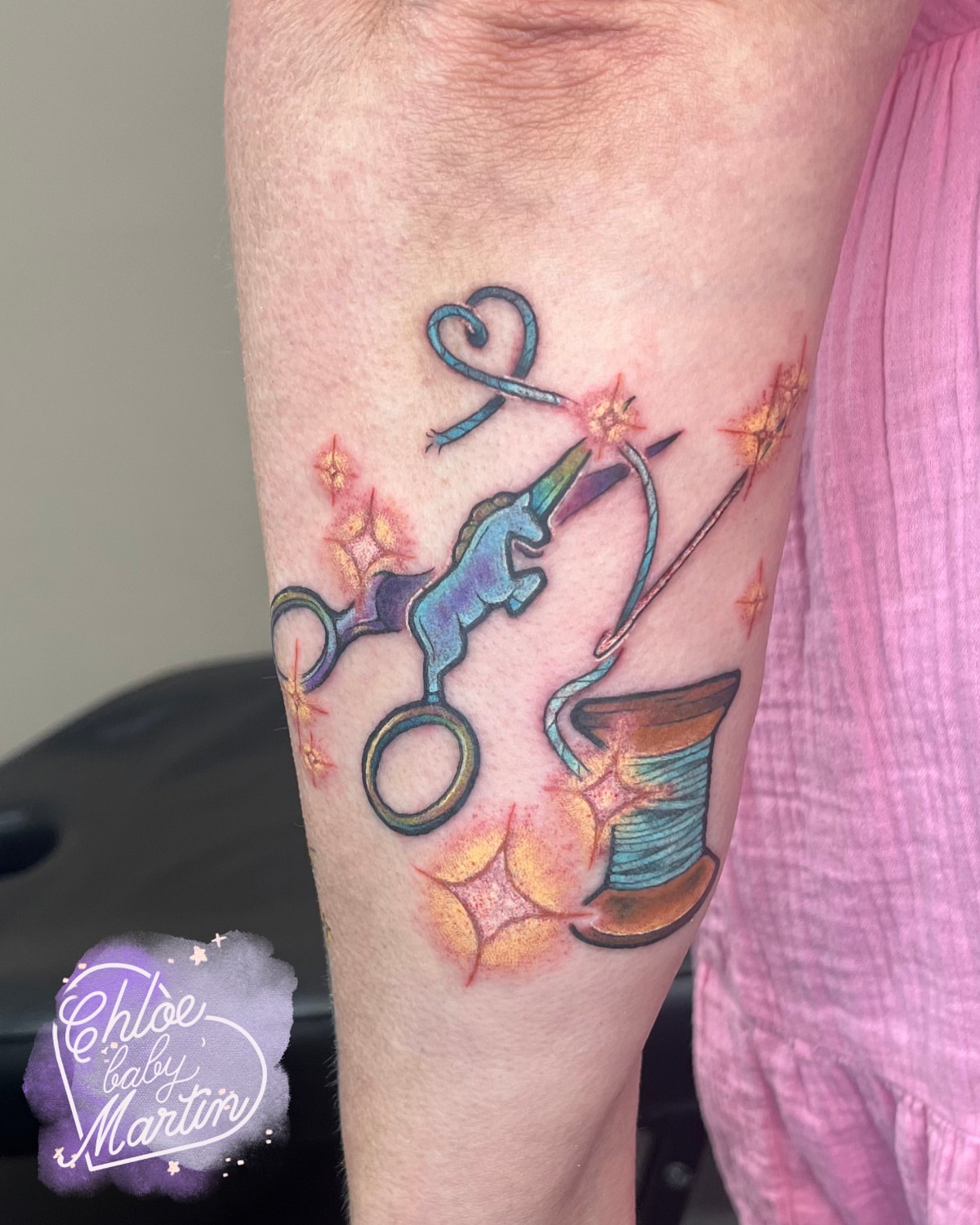 Unicorn and scissors new school tattoo on the forearm by Chloe ‘baby’ Martin