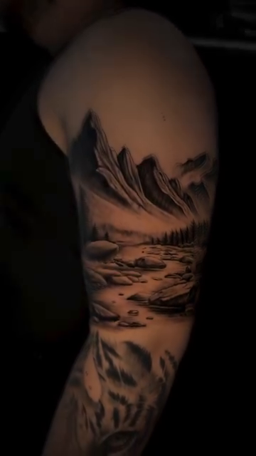 Mountain landscape with river realism tattoo by Tiago Britto