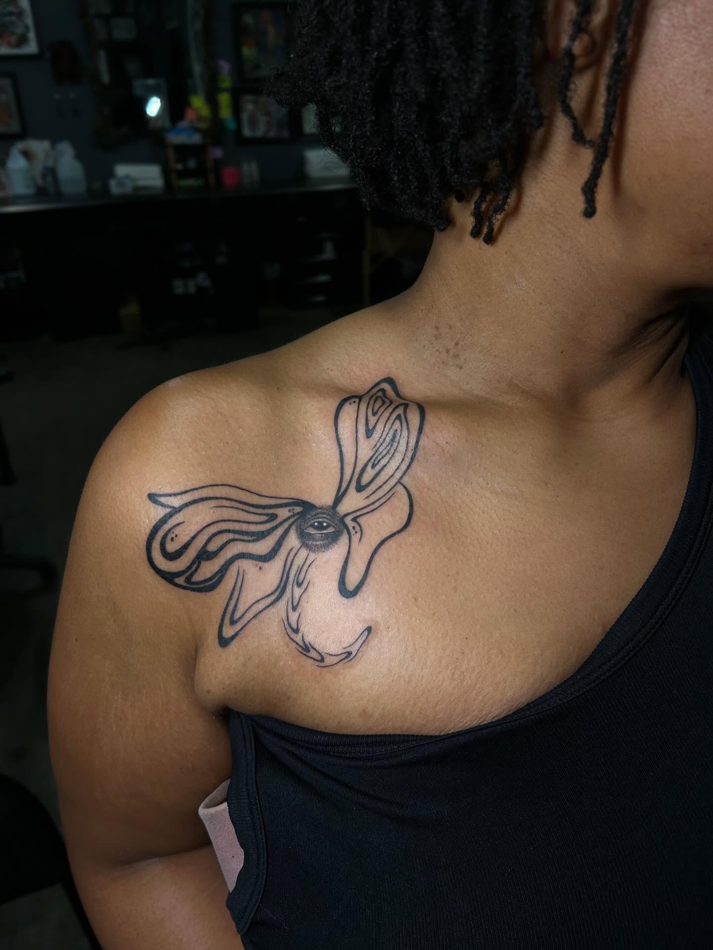 Abstract butterfly black and grey tattoo on the shoulder by Kerri Colello Sittenauer