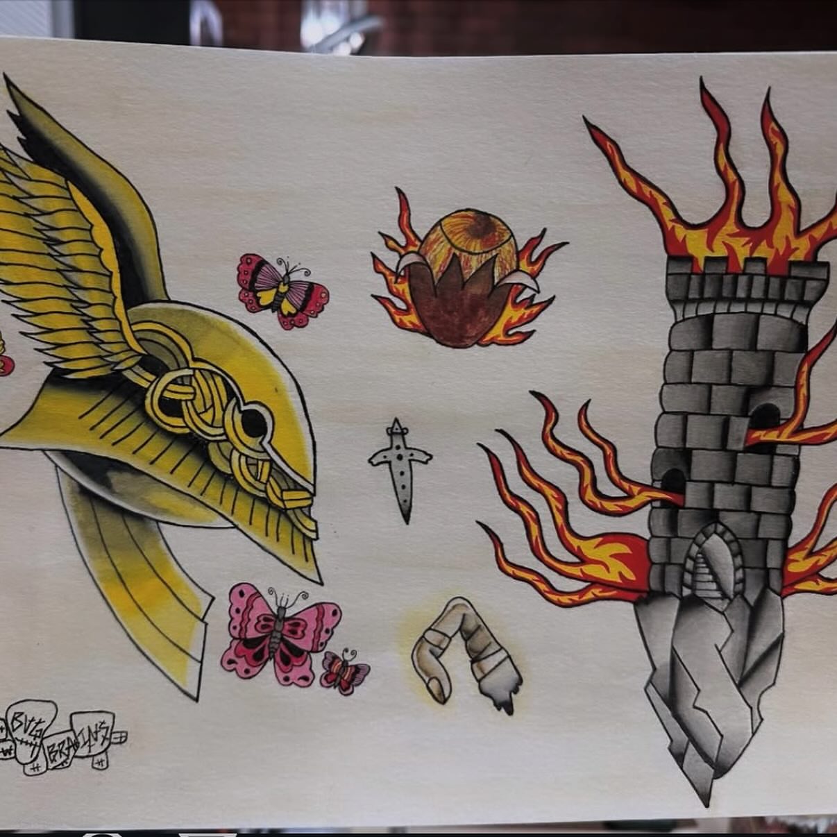 Viking helmet and butterflies American traditional tattoo by Liz🗡️Fort Collins🗡️Tattoo Apprentice