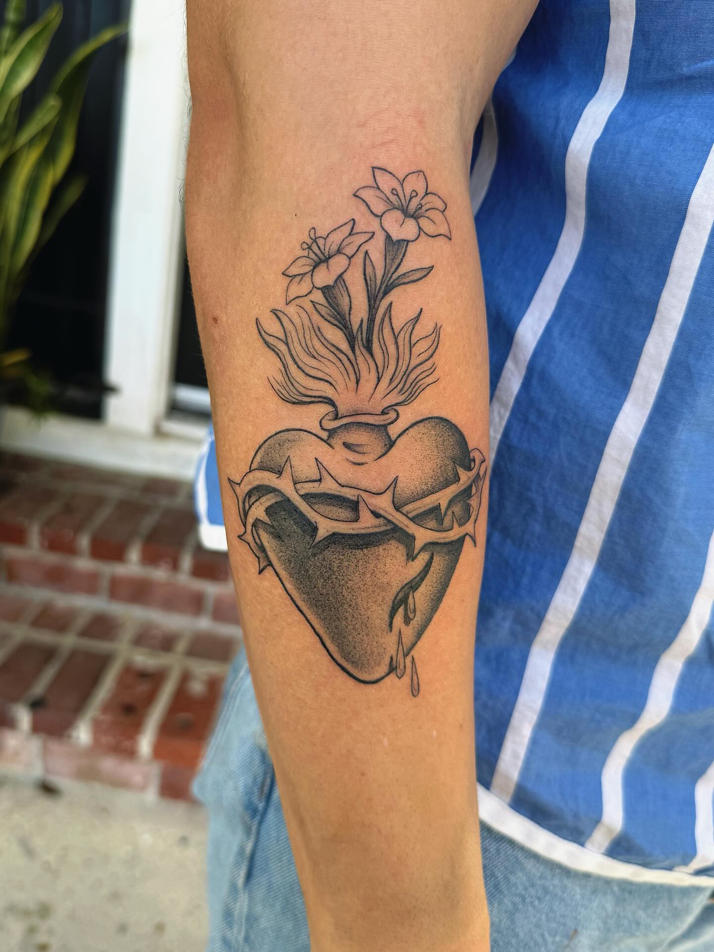 Heart with flowers black and grey tattoo on the forearm by π½πππππ π½πππππππ, New Orleans, Louisiana