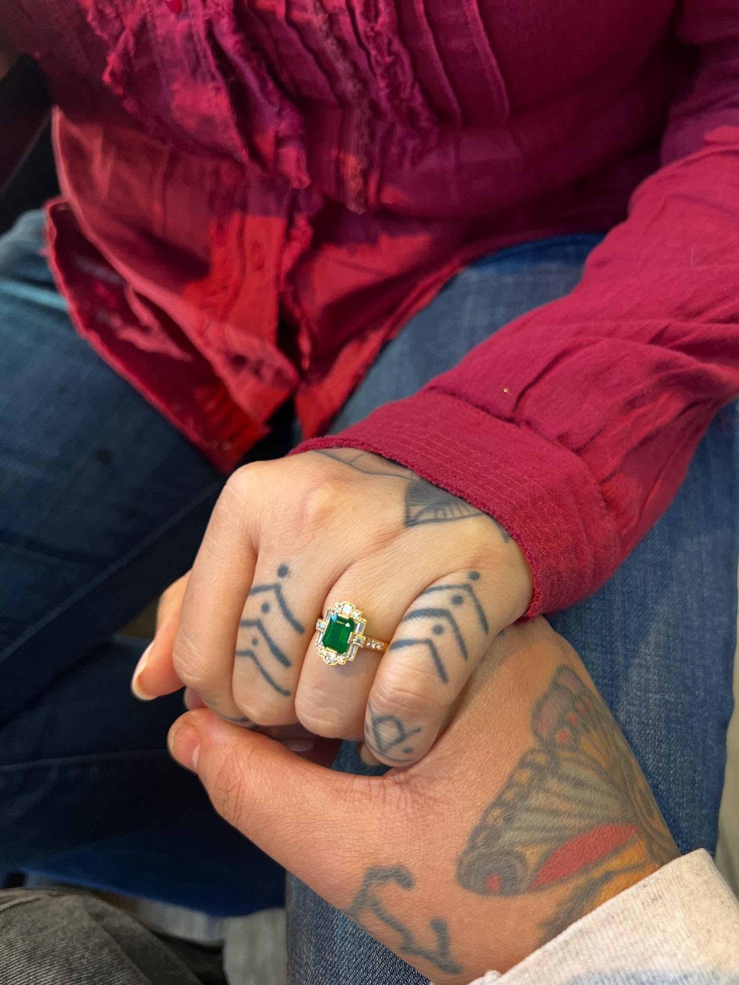 Emerald ring geometric tattoo on the hand by Dolph.
