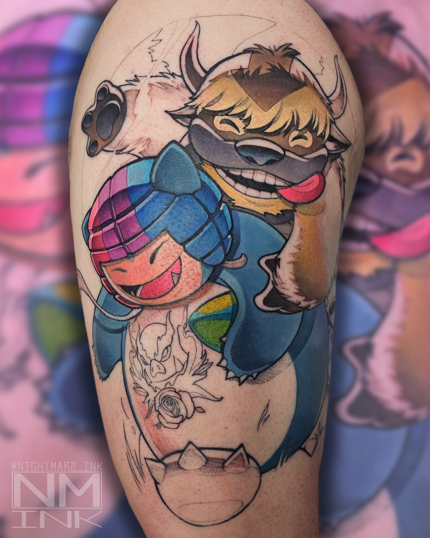 Megaman and wolf anime tattoo on the forearm by Brandon Hildebrandt