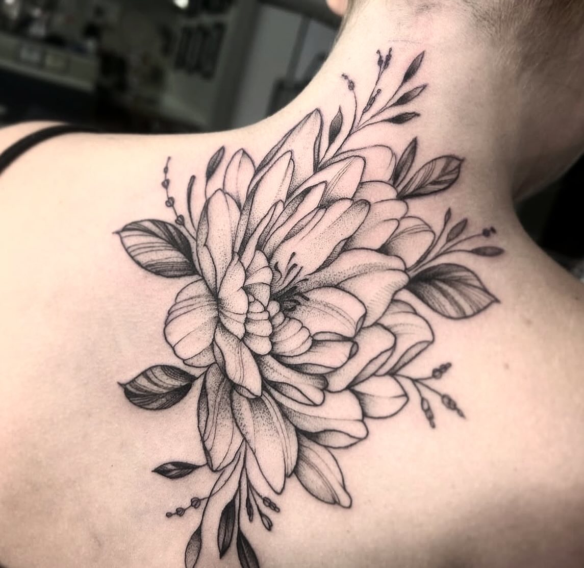 Flower bouquet dotwork tattoo on the neck by Lena Lawrence