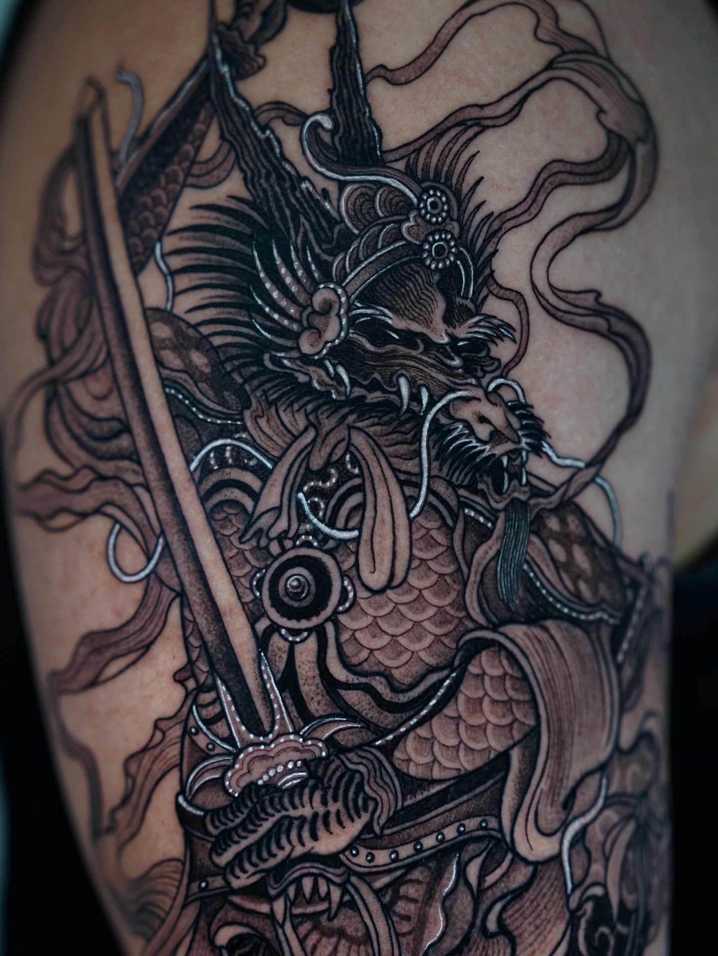 Dragon warrior japanese irezumi tattoo on the thigh by Swani