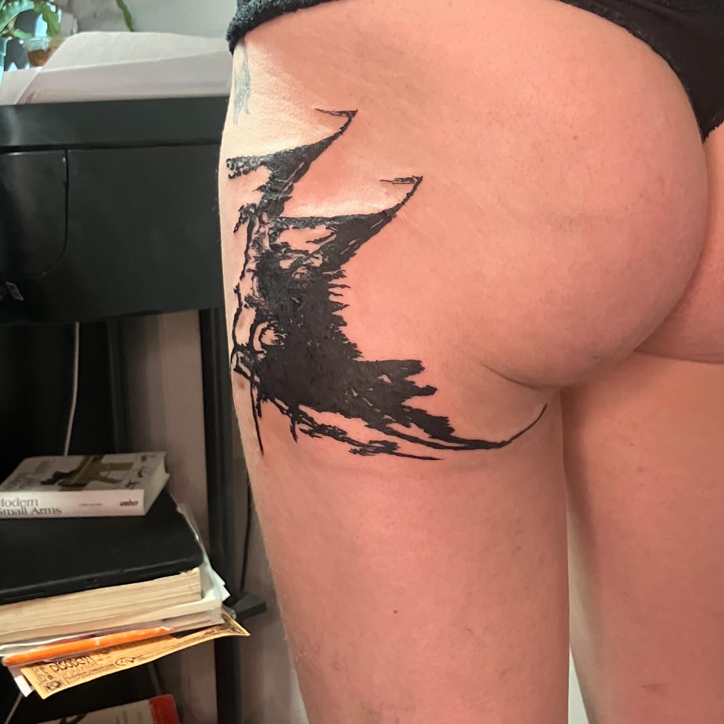 Abstract tree black and grey tattoo on the thigh by @godsfirmgrip