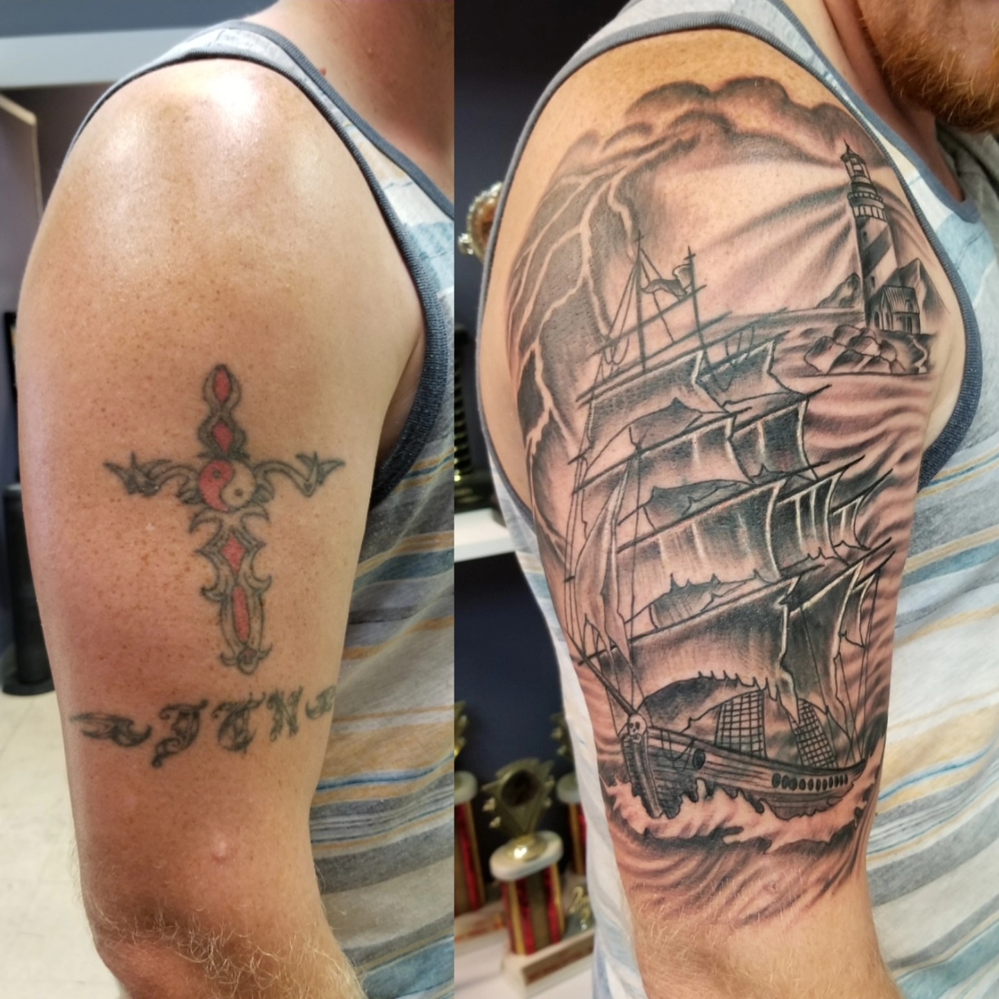 Ship sailing storm realism tattoo on the upper arm by Dennis Foust