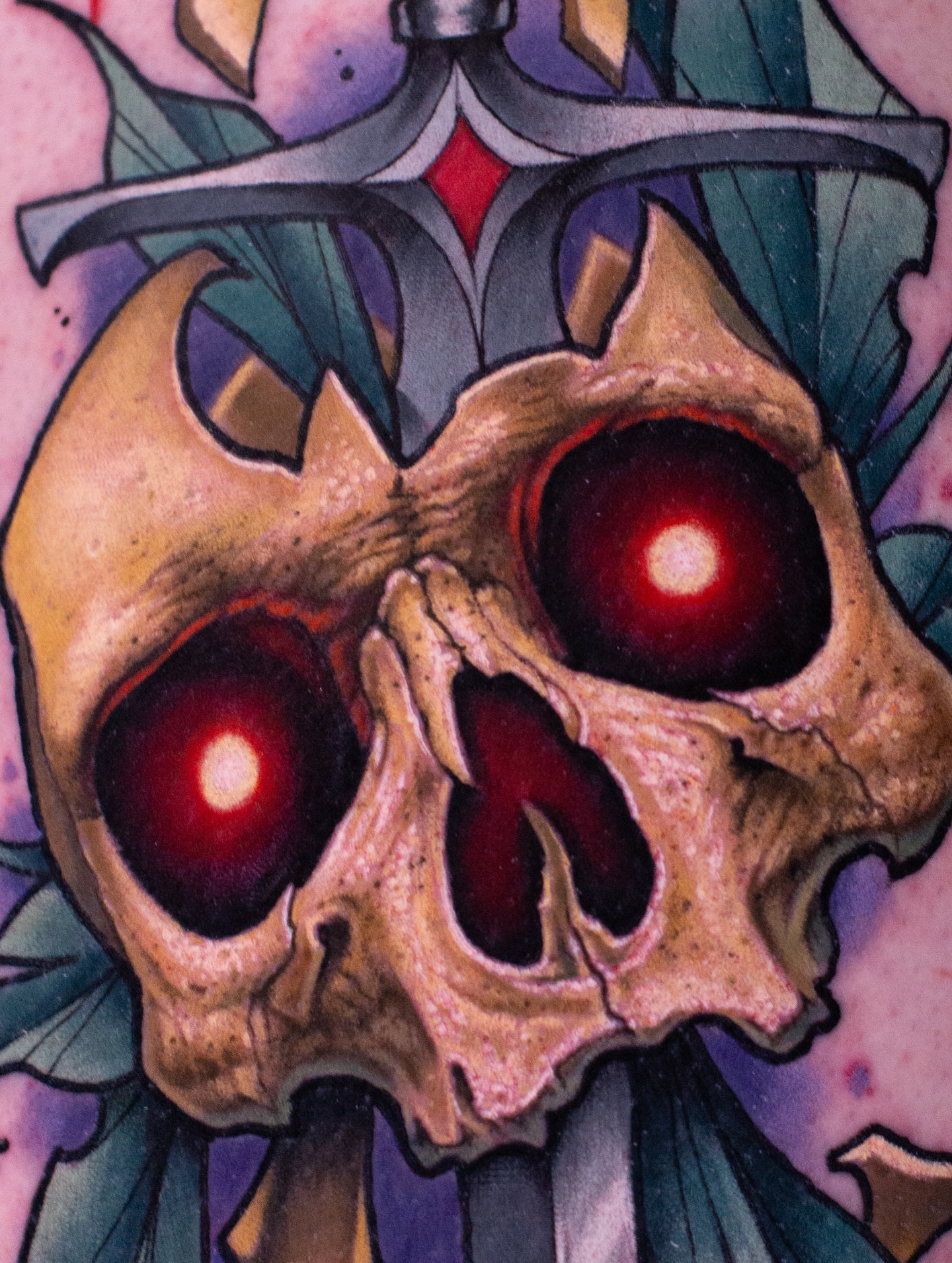 Skull with glowing eyes dark realism tattoo by Andrey