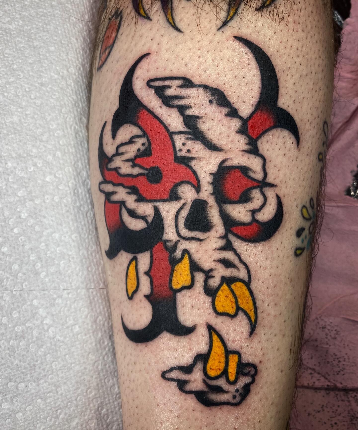 Skull with horns American traditional tattoo on the forearm by Big Al