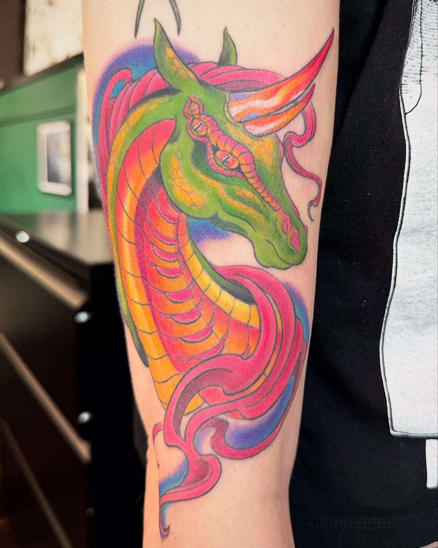 Unicorn new school tattoo on the forearm by Chelsea Youngblood, Seattle, Washington