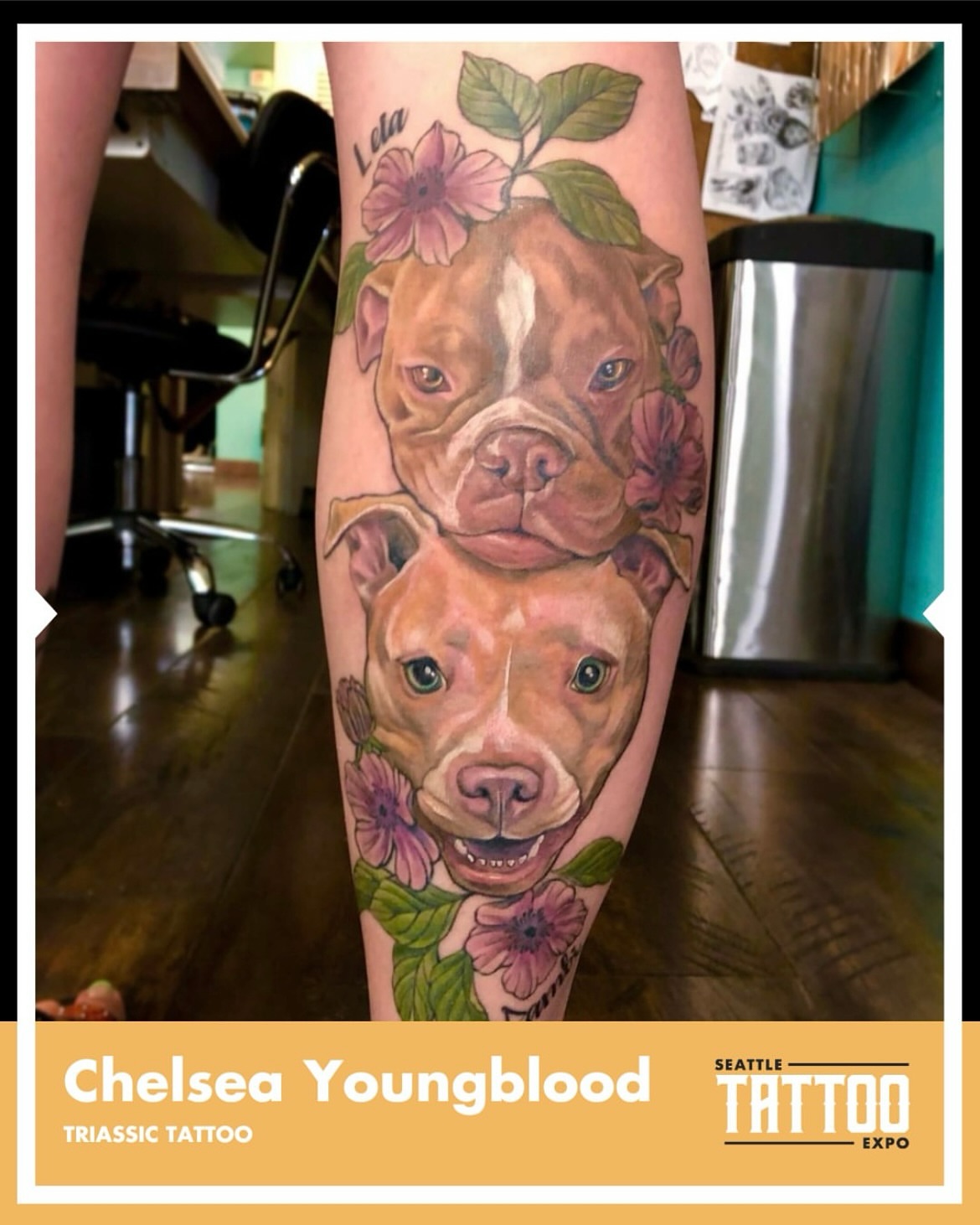 Pit bulls and flowers realism tattoo on the forearm by Chelsea Youngblood, Seattle, Washington